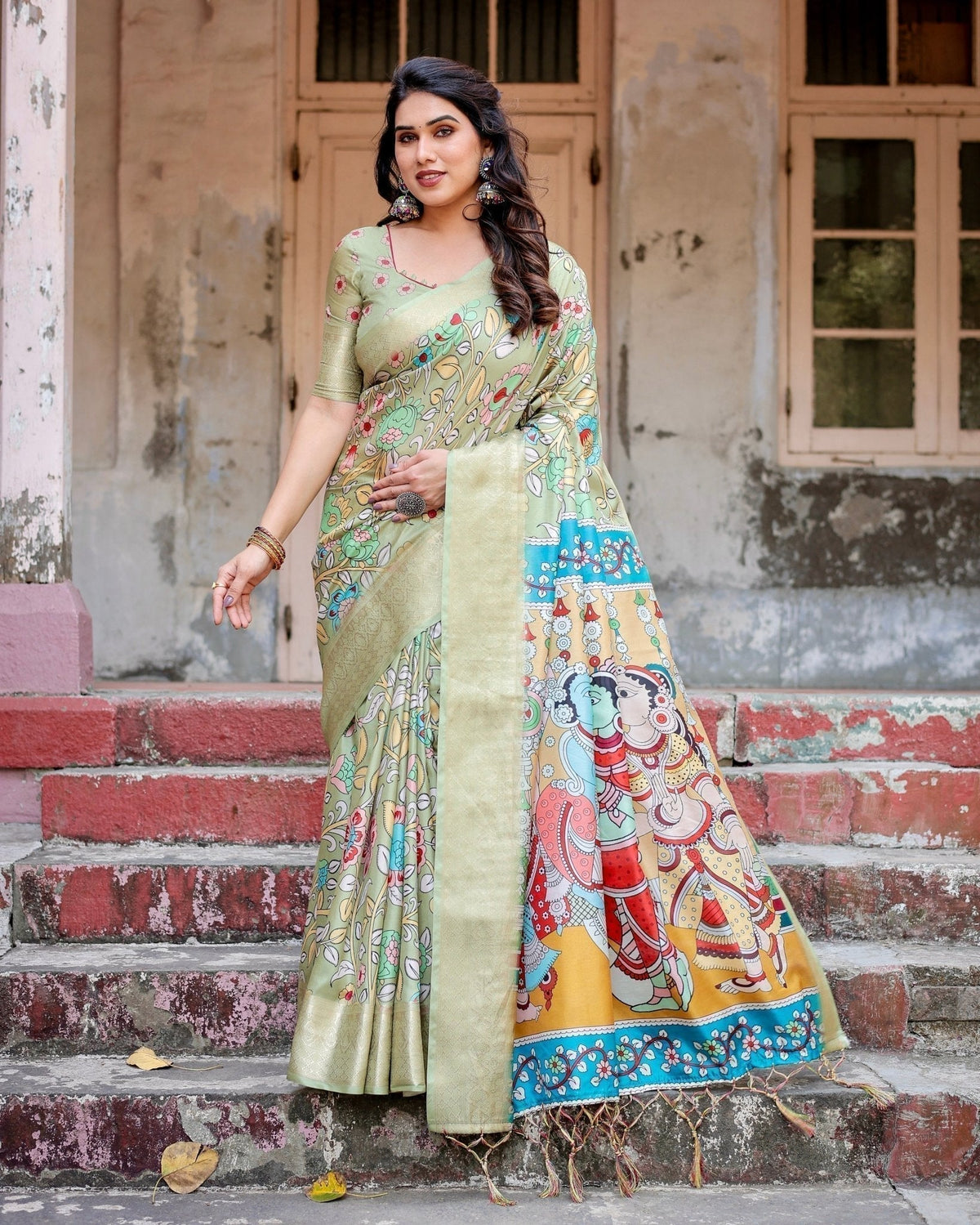 Pastel Green Tussar Silk Saree with Mythological Kalamkari Pallu and