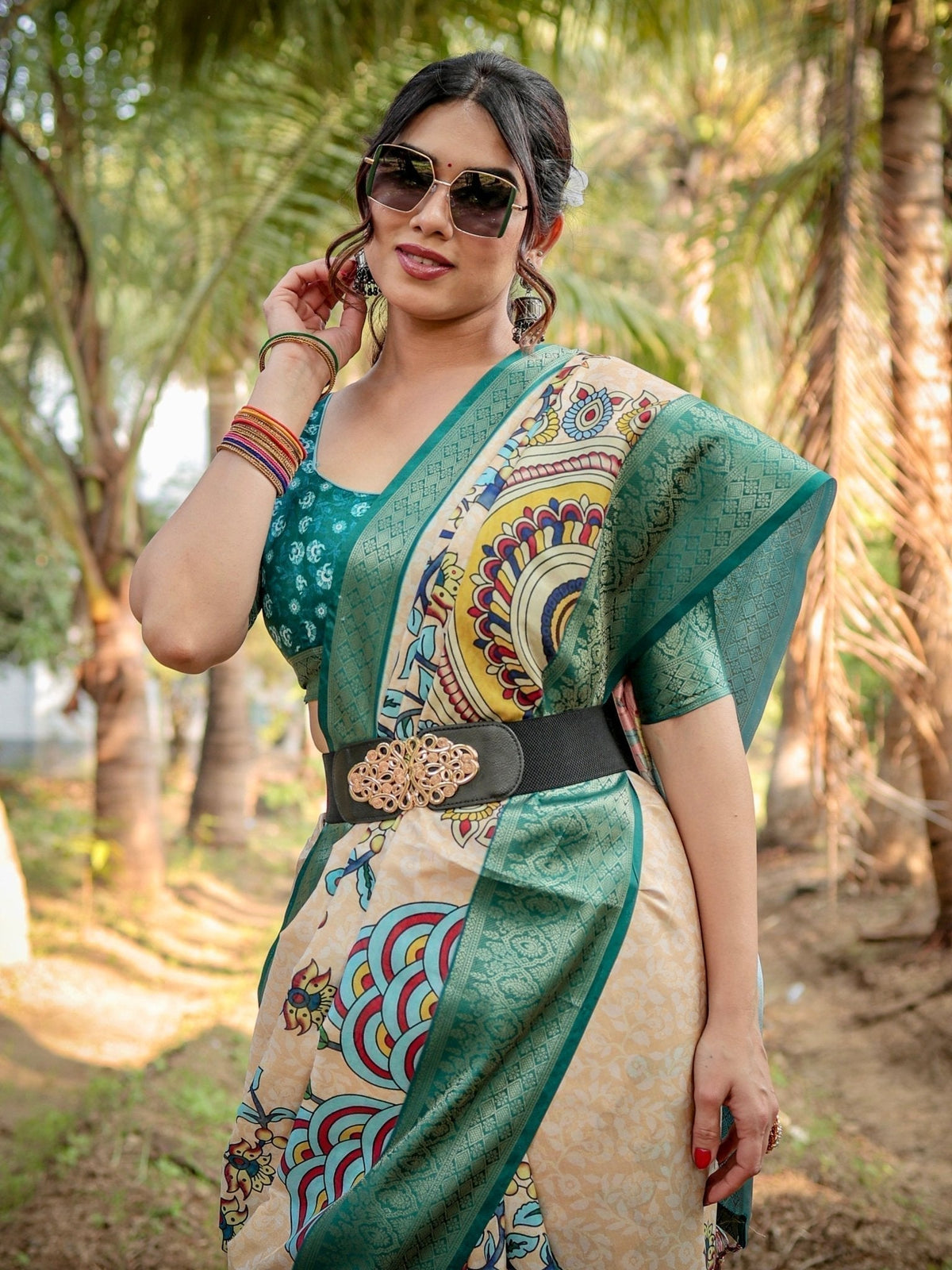 Elegant Tussar Silk Saree in Beige and Coral with Madhubani Pallu and