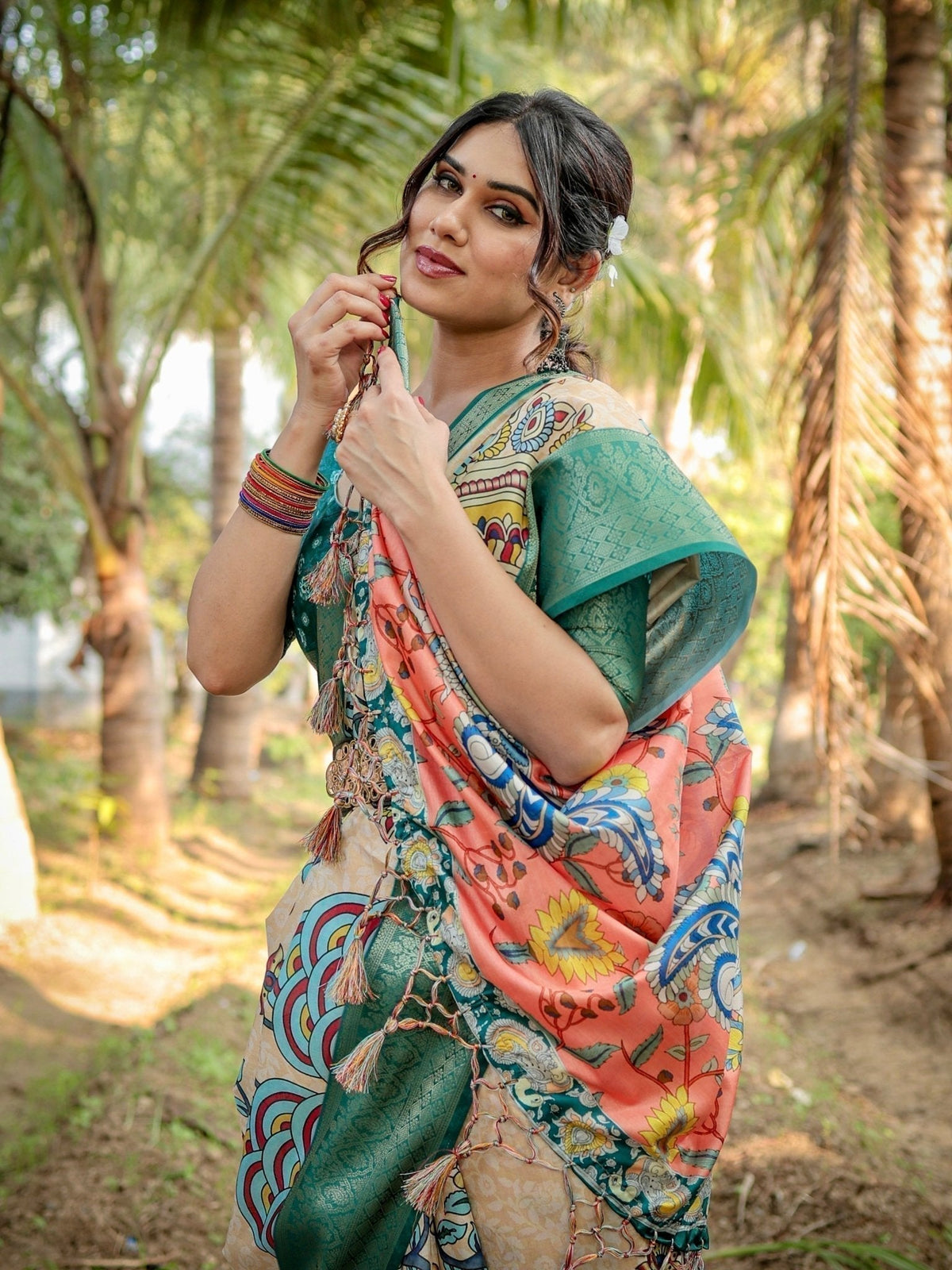 Elegant Tussar Silk Saree in Beige and Coral with Madhubani Pallu and
