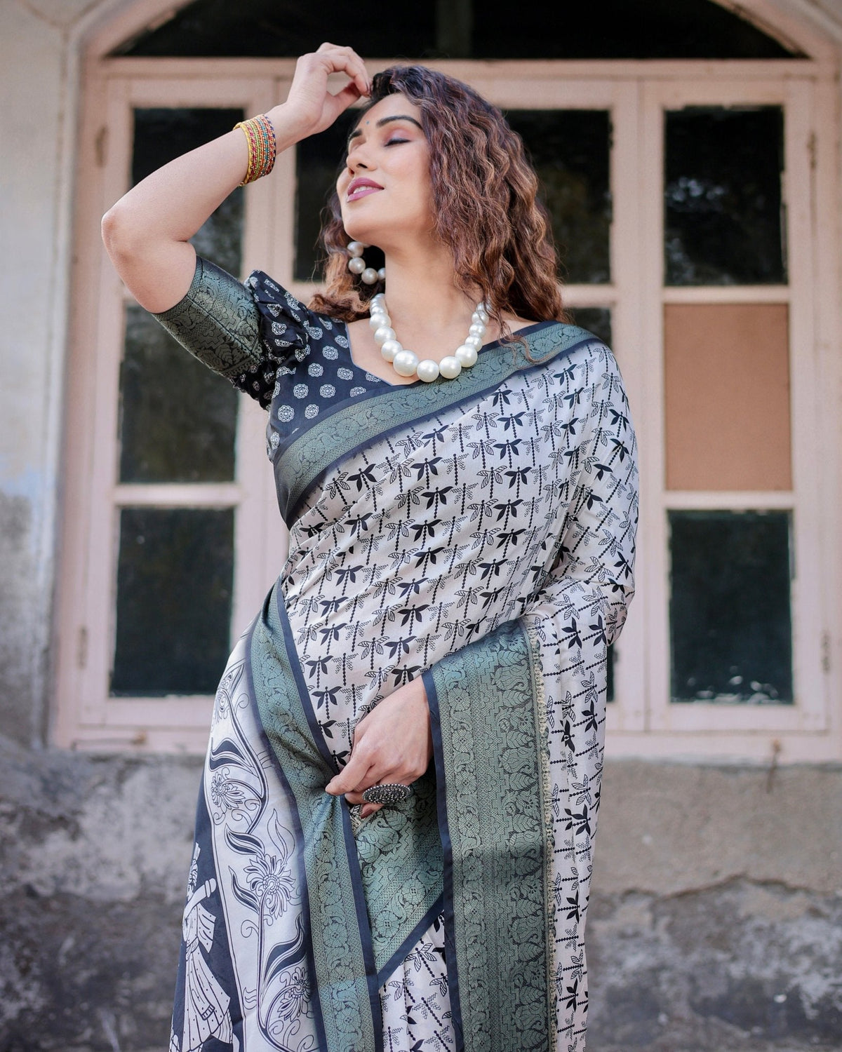 Monochrome White and Black Tussar Silk Saree with Tribal Art Motifs