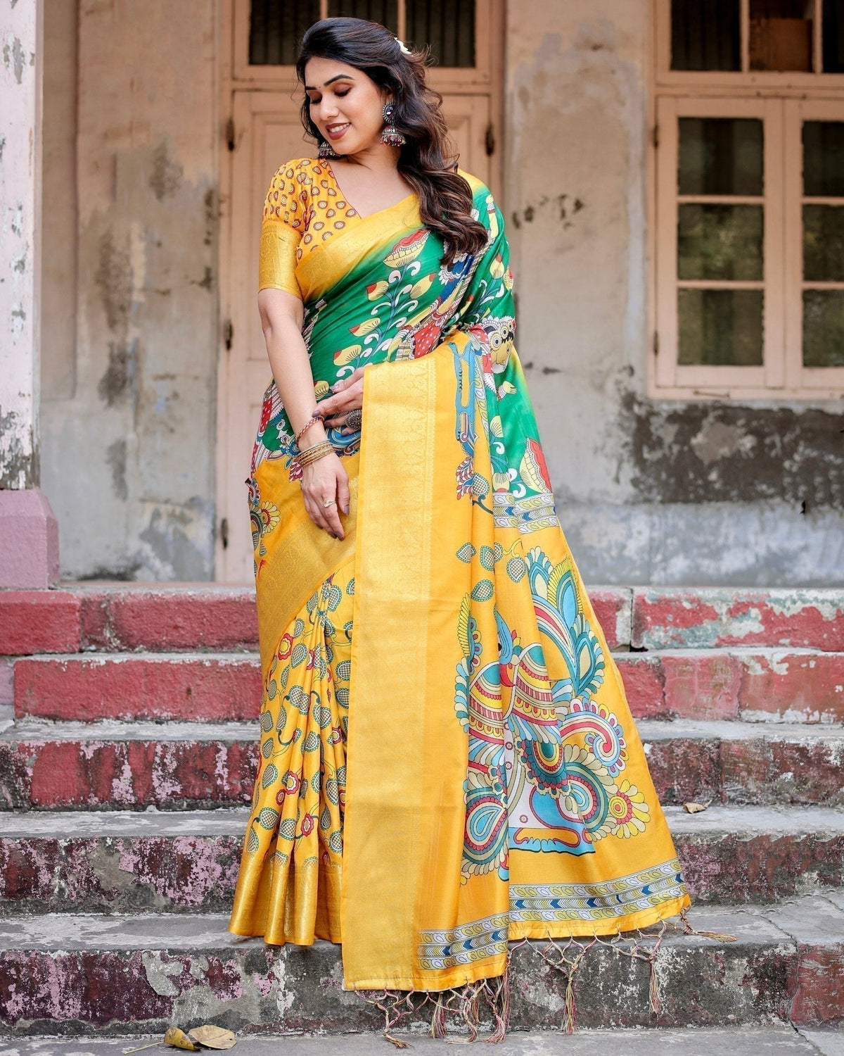 Golden Yellow Tussar Silk Saree with Vibrant Peacock Kalamkari Motifs