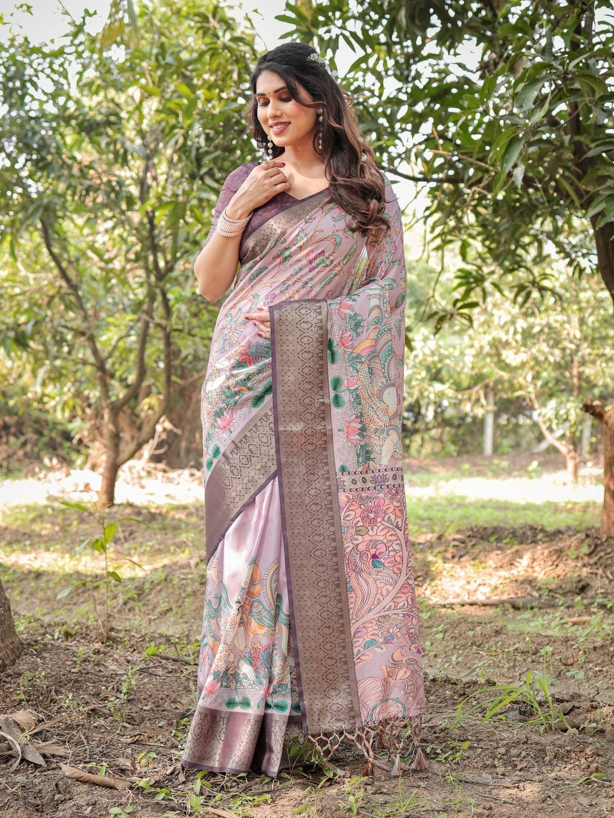 Lilac and Purple Digital Print Tussar Silk Saree with Zari Diamond