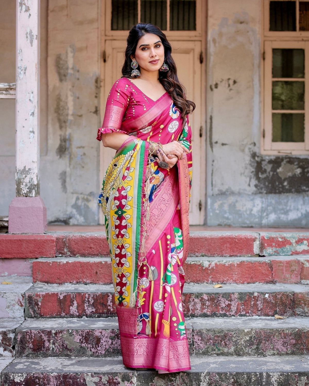 Magenta Tussar Silk Saree with Artistic Peacock & Floral Kalamkari