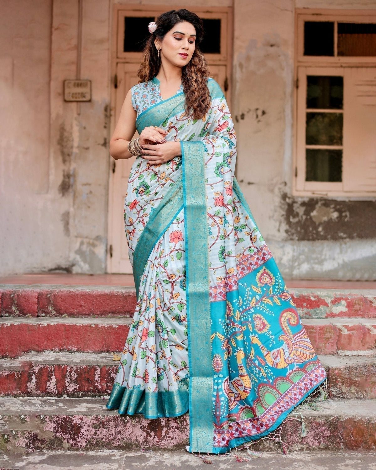 Sky Blue Tussar Silk Saree with Multicolor Floral Design and Zari