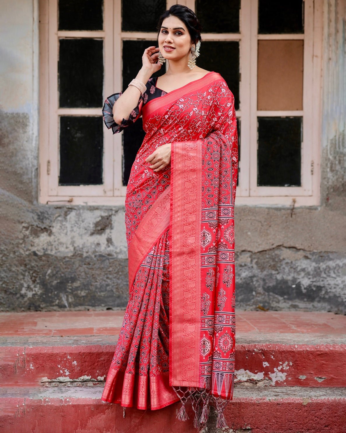 Fiery Red Tussar Silk Saree with Ornamental Motifs and Detailed Zari