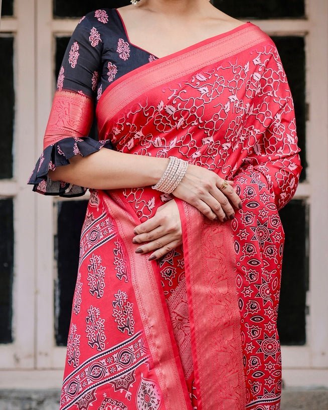 Fiery Red Tussar Silk Saree with Ornamental Motifs and Detailed Zari