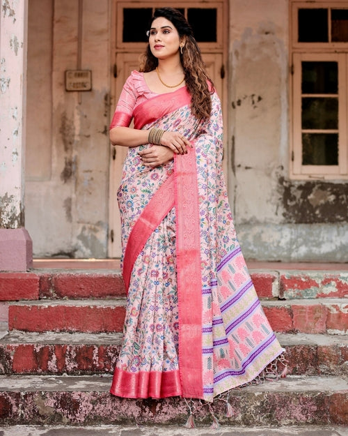 Blush Pink Tussar Silk Saree with Multicolor Floral Design and Zari