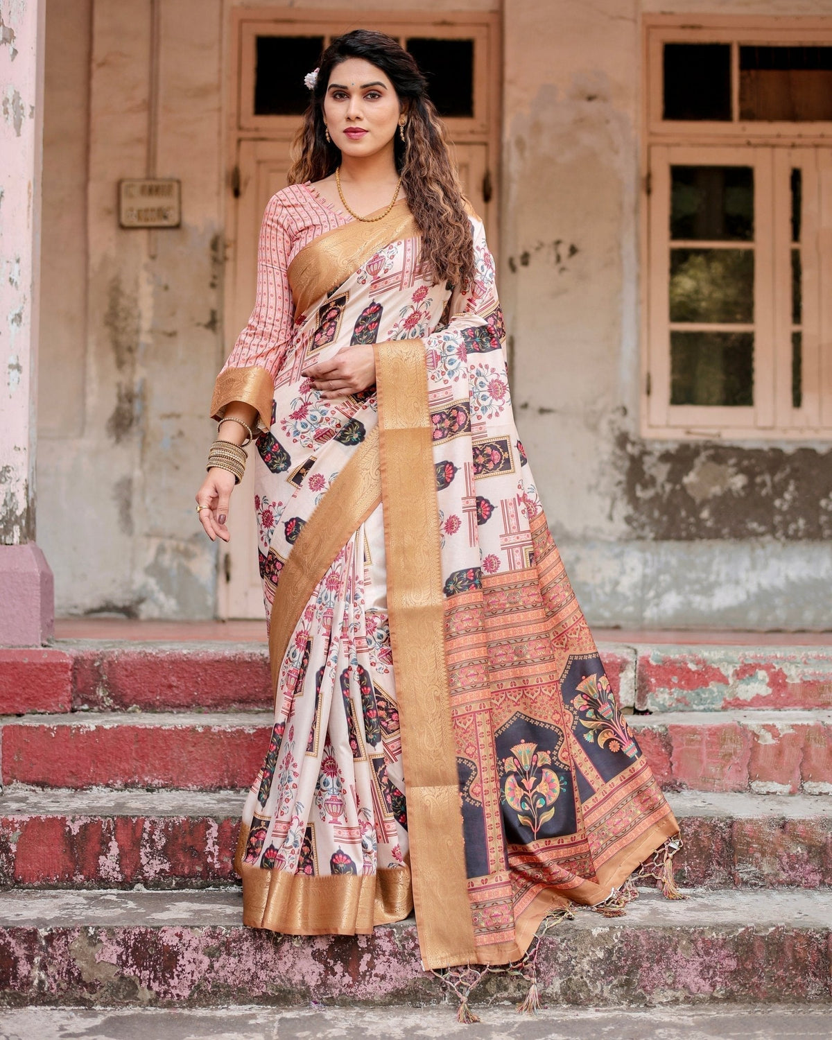 Ivory Tussar Silk Saree with Artistic Floral Motifs and Gleaming