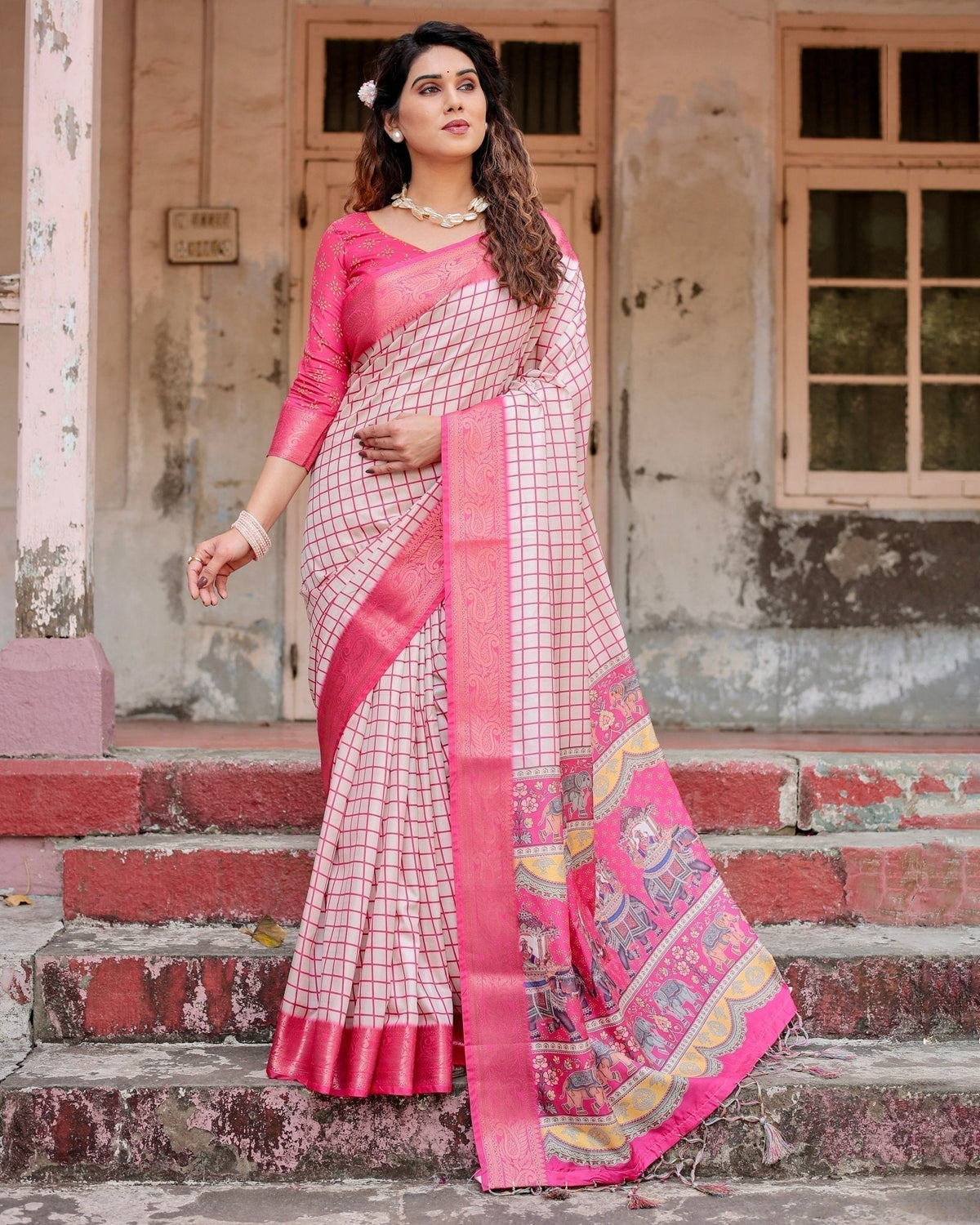 Pink and Ivory Tussar Silk Saree with Golden Zari Border and Majestic