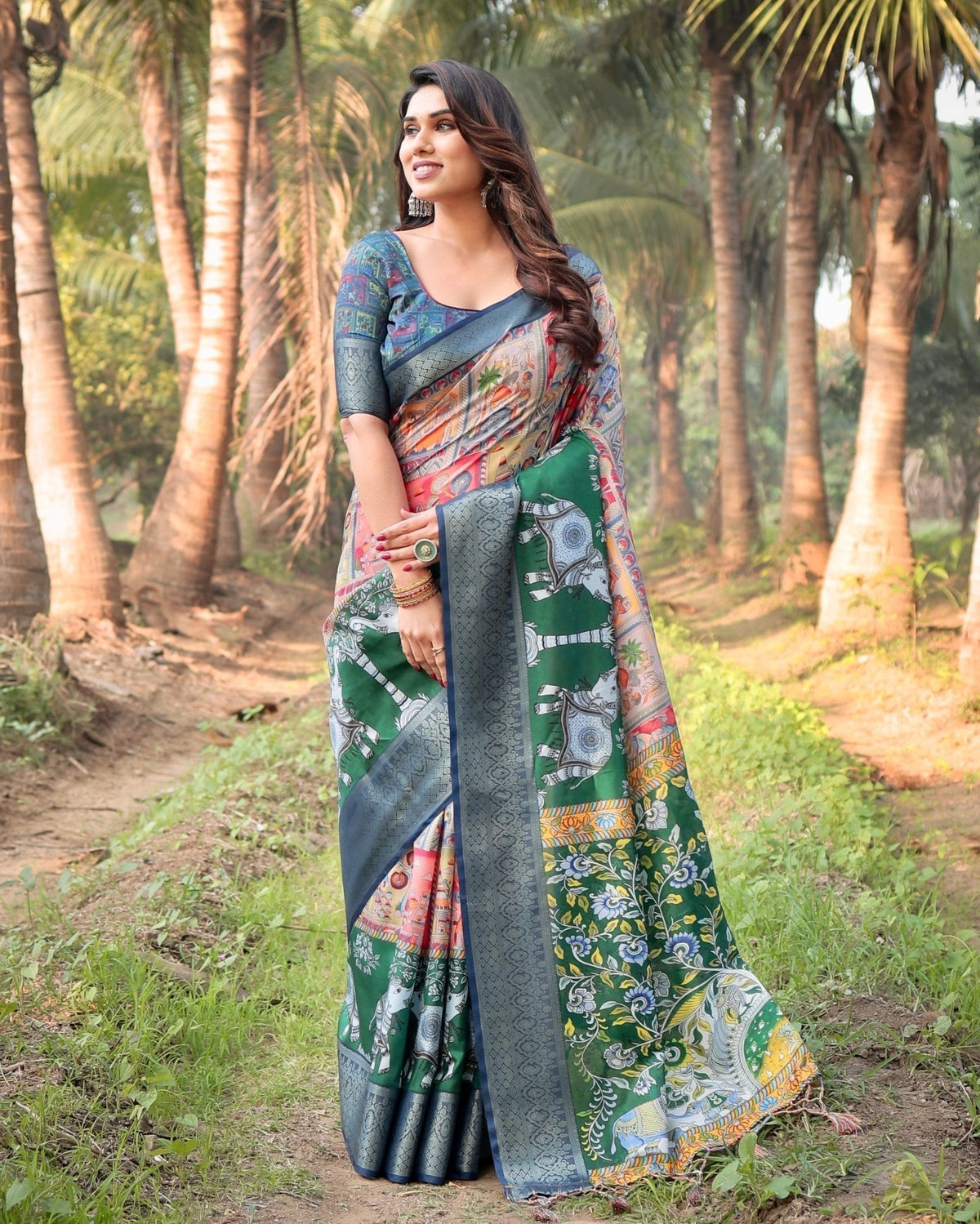 Multicolored Digital Print Tussar Silk Saree with Intricate Zari
