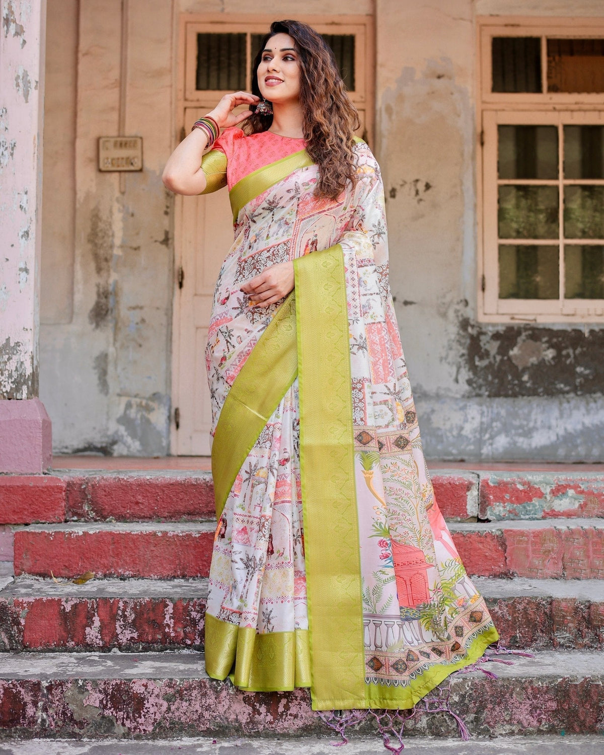 Pastel Tussar Silk Saree with Lime Green Zari Border and Hand-Painted