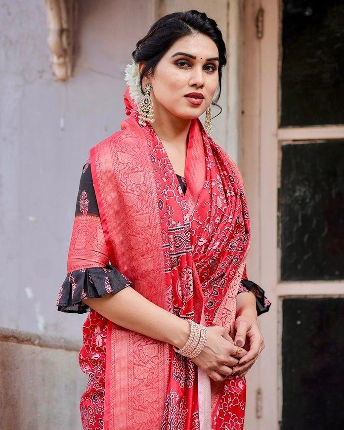 Fiery Red Tussar Silk Saree with Ornamental Motifs and Detailed Zari