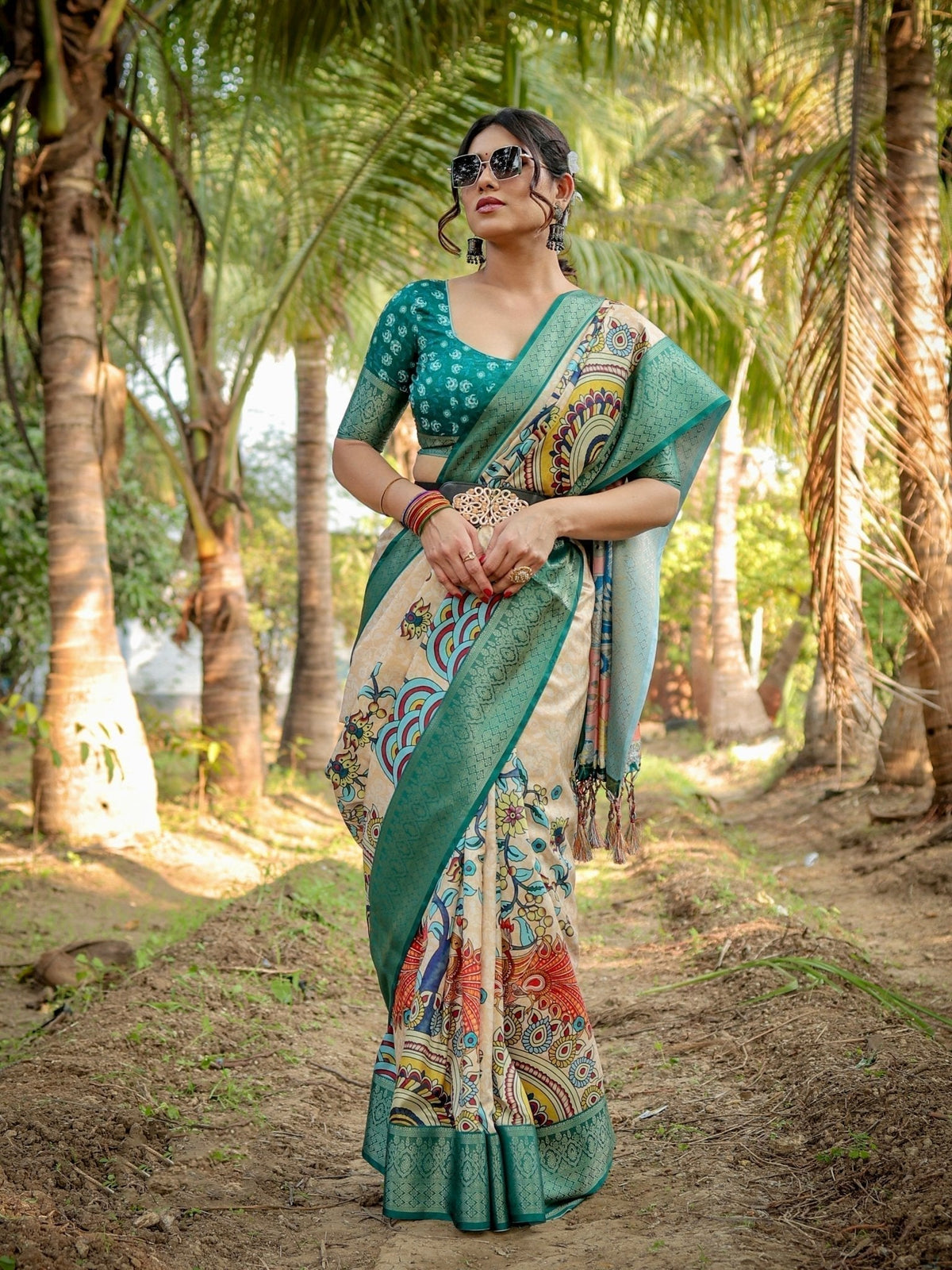 Elegant Tussar Silk Saree in Beige and Coral with Madhubani Pallu and