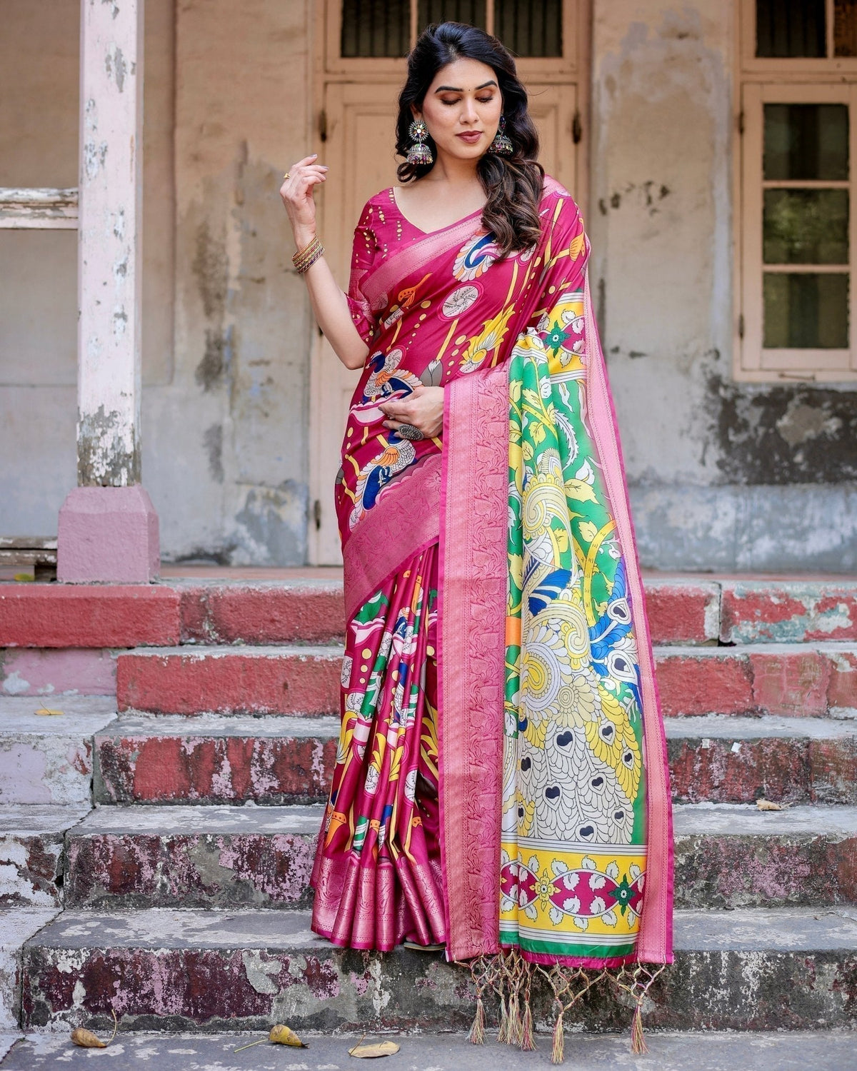 Magenta Tussar Silk Saree with Artistic Peacock & Floral Kalamkari