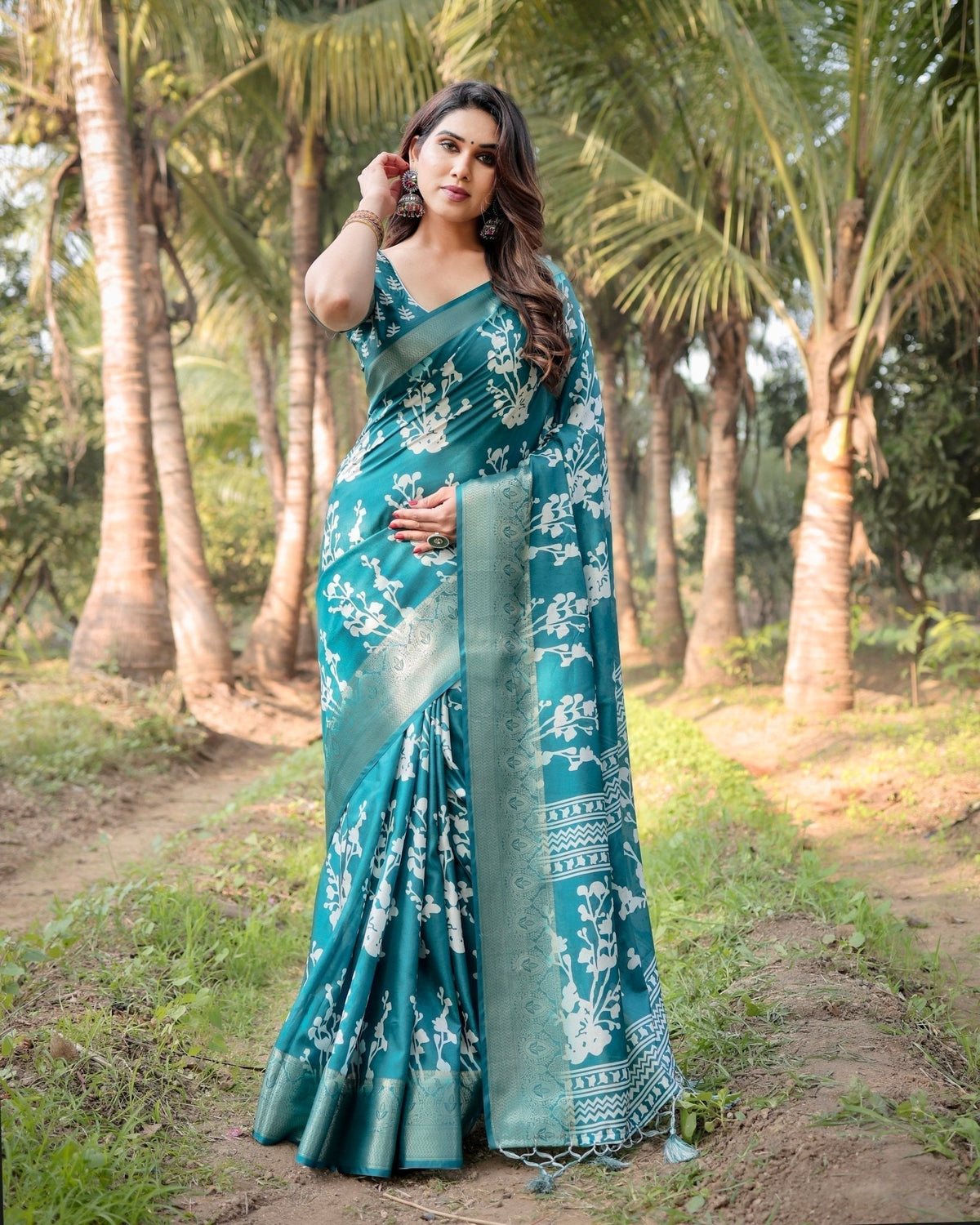 Teal Blue Tussar Silk Saree with White Floral Design, Gold Zari Border