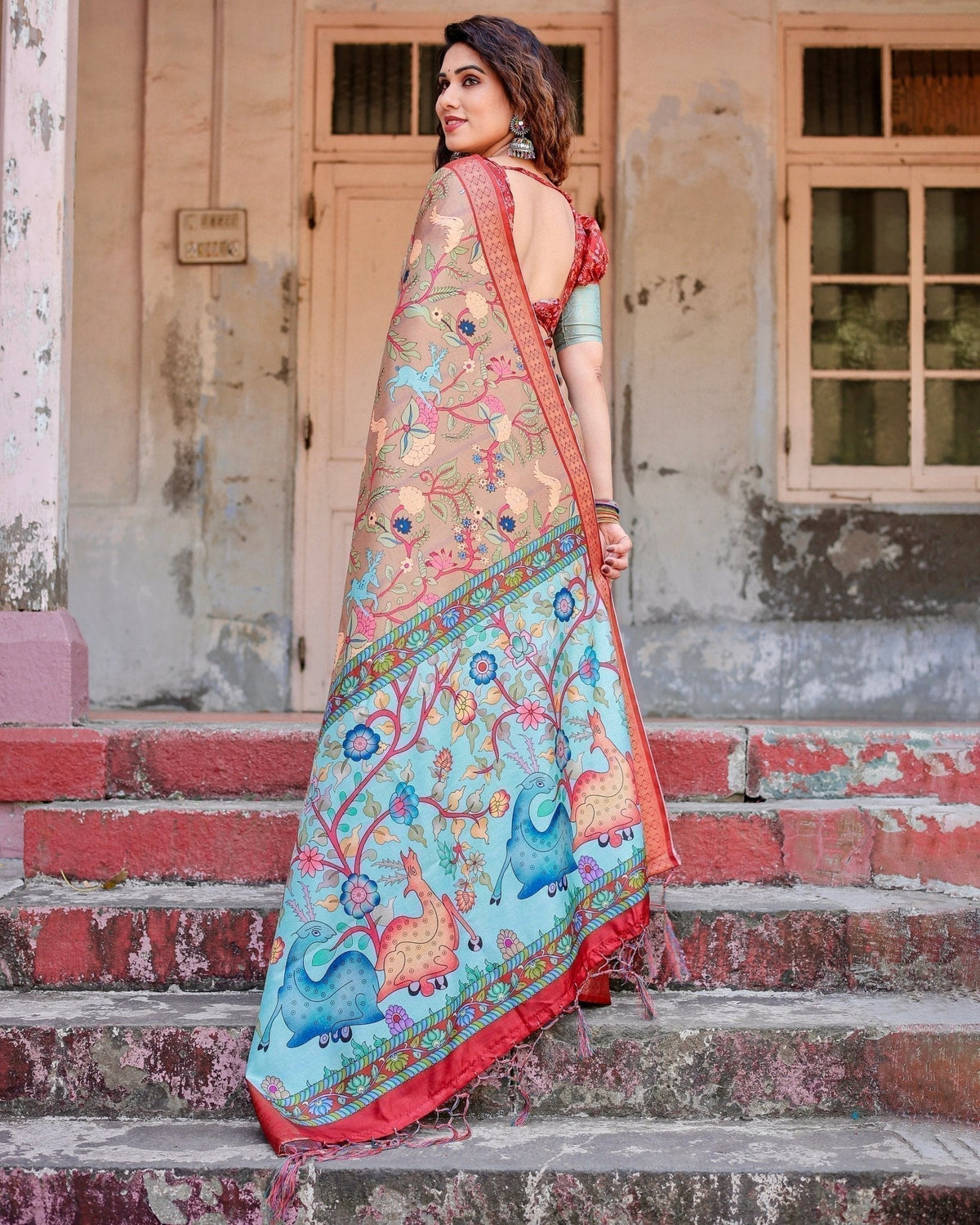 Beige Tussar Silk Saree with Vibrant Multicolor Floral Prints and Red