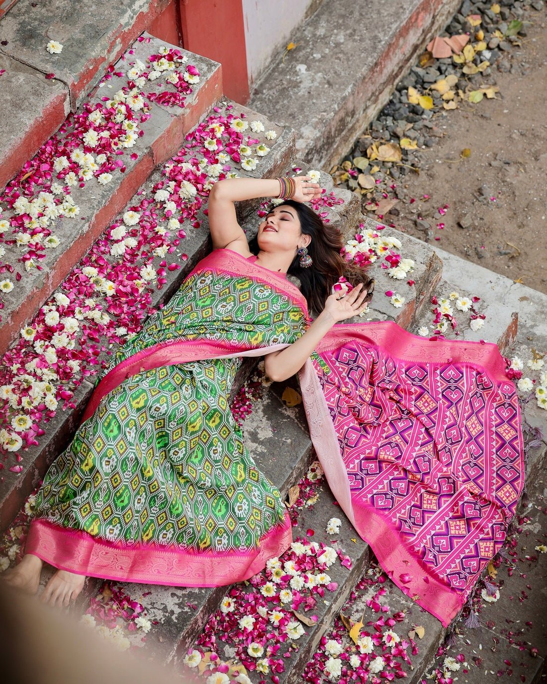 Green and Pink Tussar Silk Saree with Vibrant Ikat Patterns and Zari