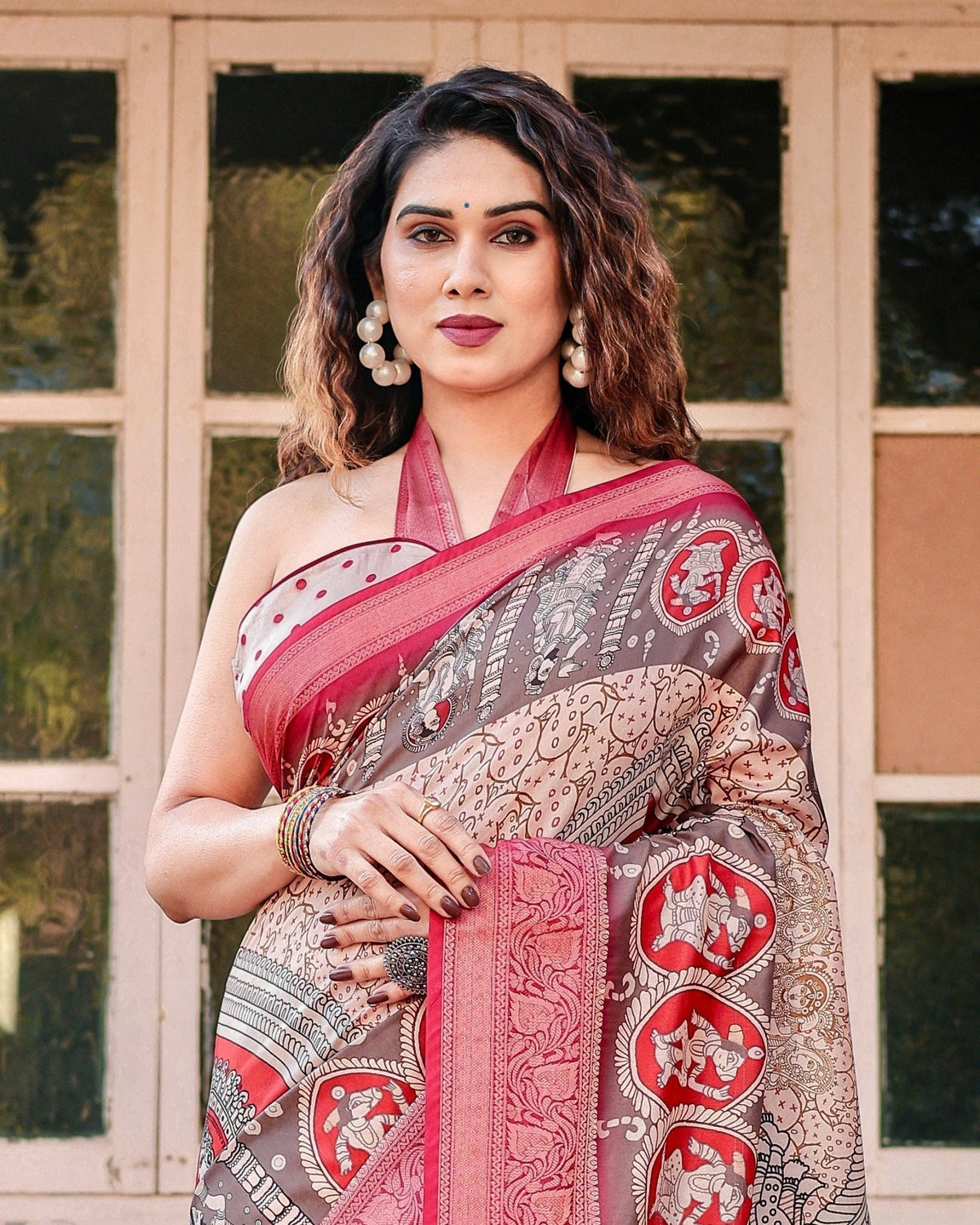 Beige and Red Tussar Silk Saree with Traditional Motifs and Ornamental