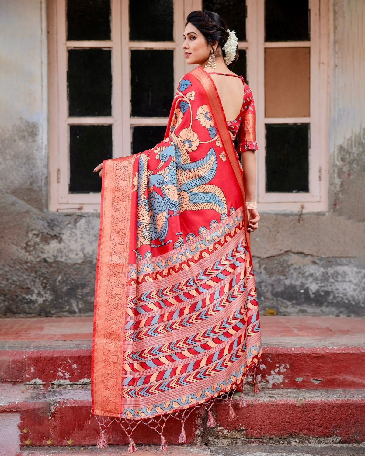 Vibrant Red Tussar Silk Saree with Bold Floral Motifs and Chevron