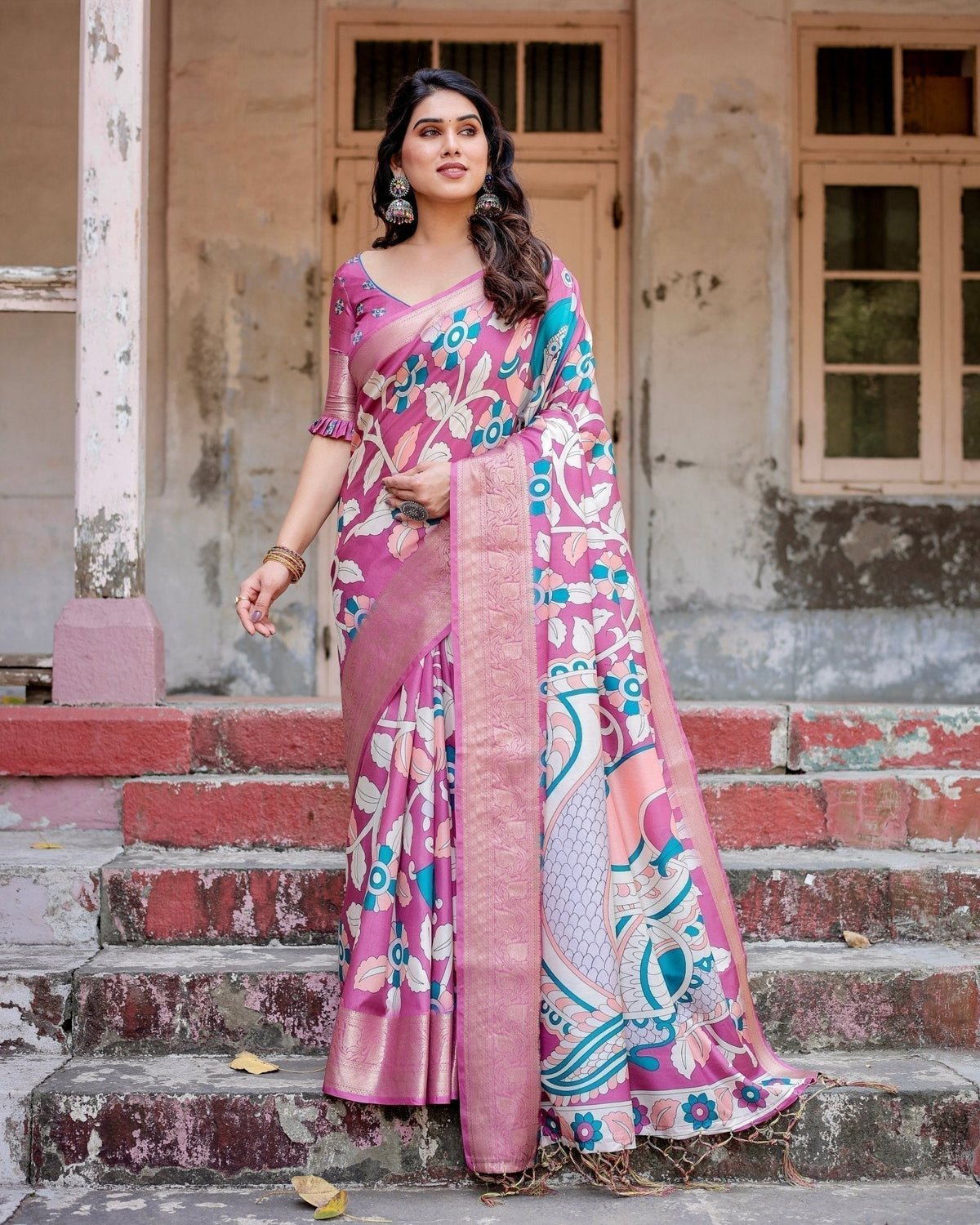 Blush Pink Tussar Silk Saree with Elegant Peacock and Floral Kalamkari