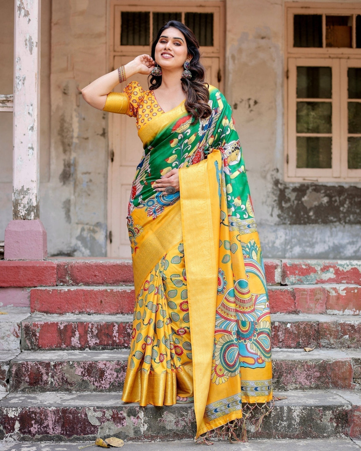 Golden Yellow Tussar Silk Saree with Vibrant Peacock Kalamkari Motifs