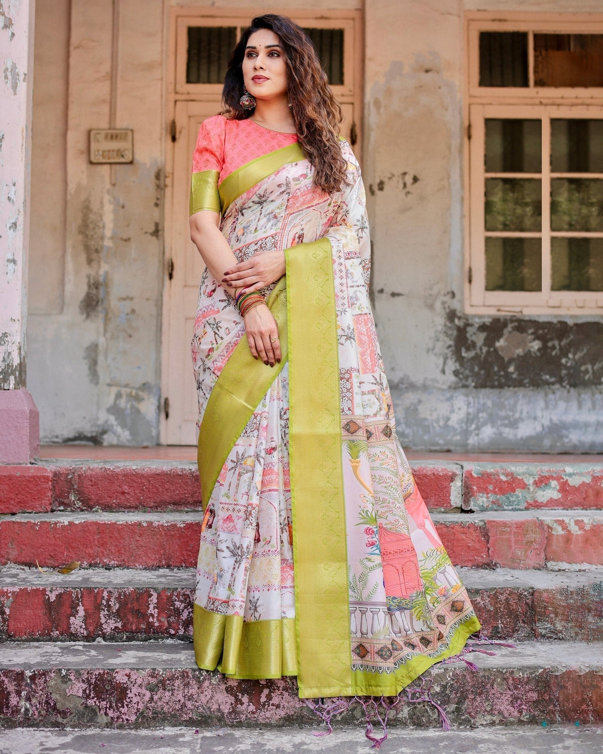 Pastel Tussar Silk Saree with Lime Green Zari Border and Hand-Painted