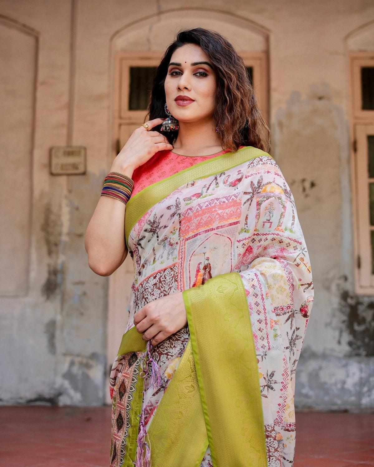 Pastel Tussar Silk Saree with Lime Green Zari Border and Hand-Painted