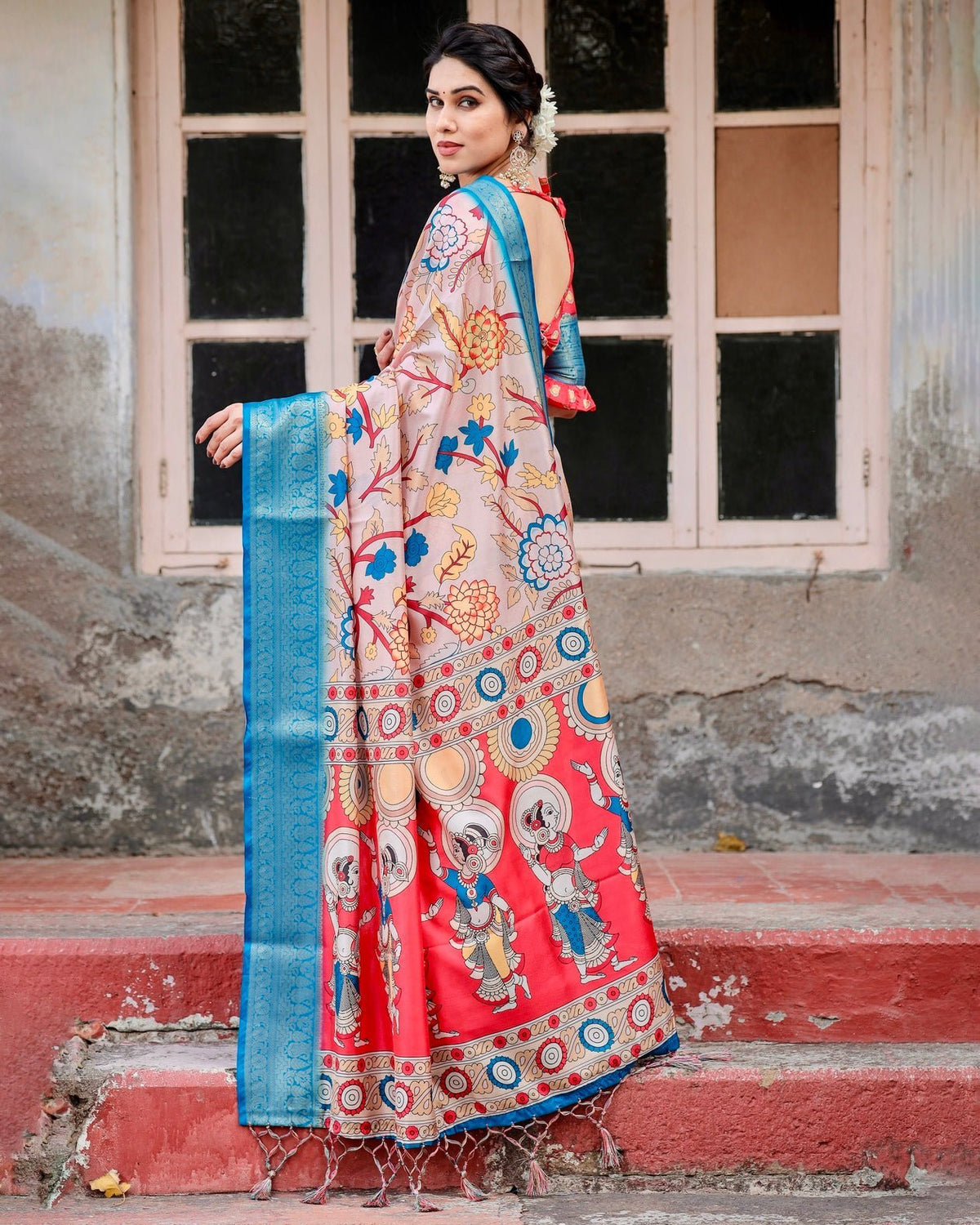 Beige and Red Tussar Silk Saree with Divine Motifs and Floral Zari
