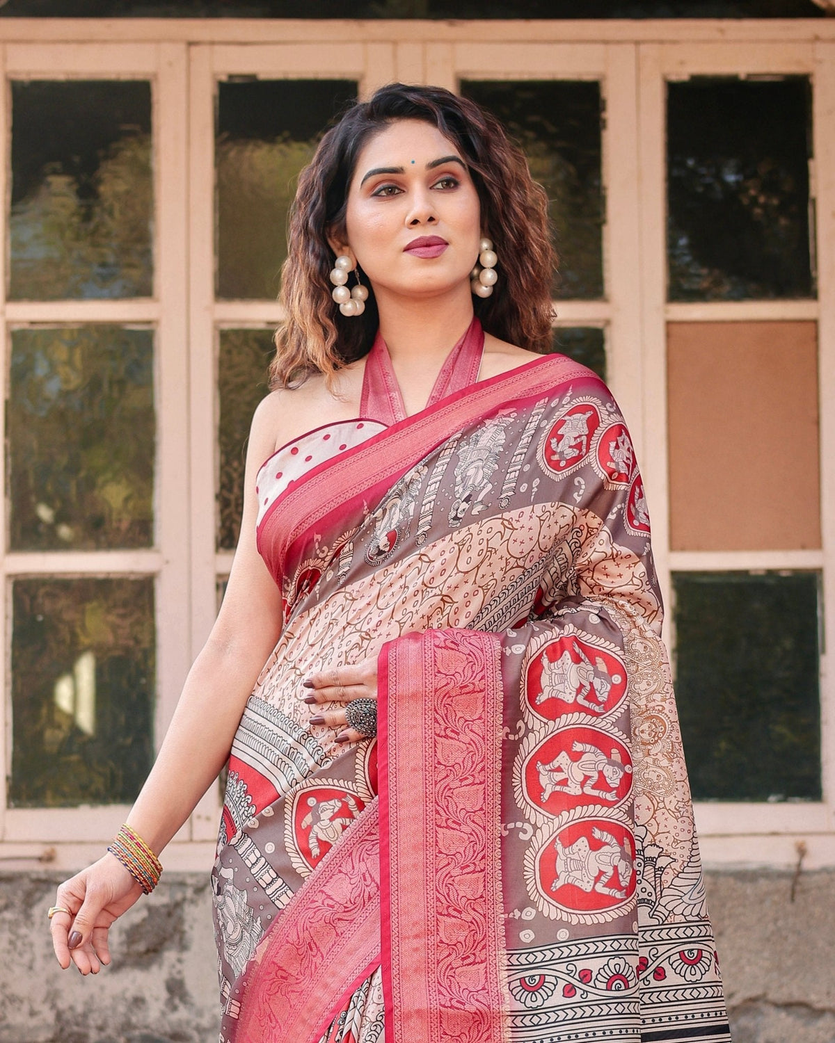 Beige and Red Tussar Silk Saree with Traditional Motifs and Ornamental