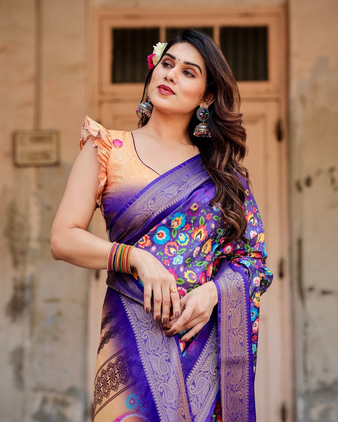 Royal Purple Tussar Silk Saree with Vibrant Floral Print and Peacock