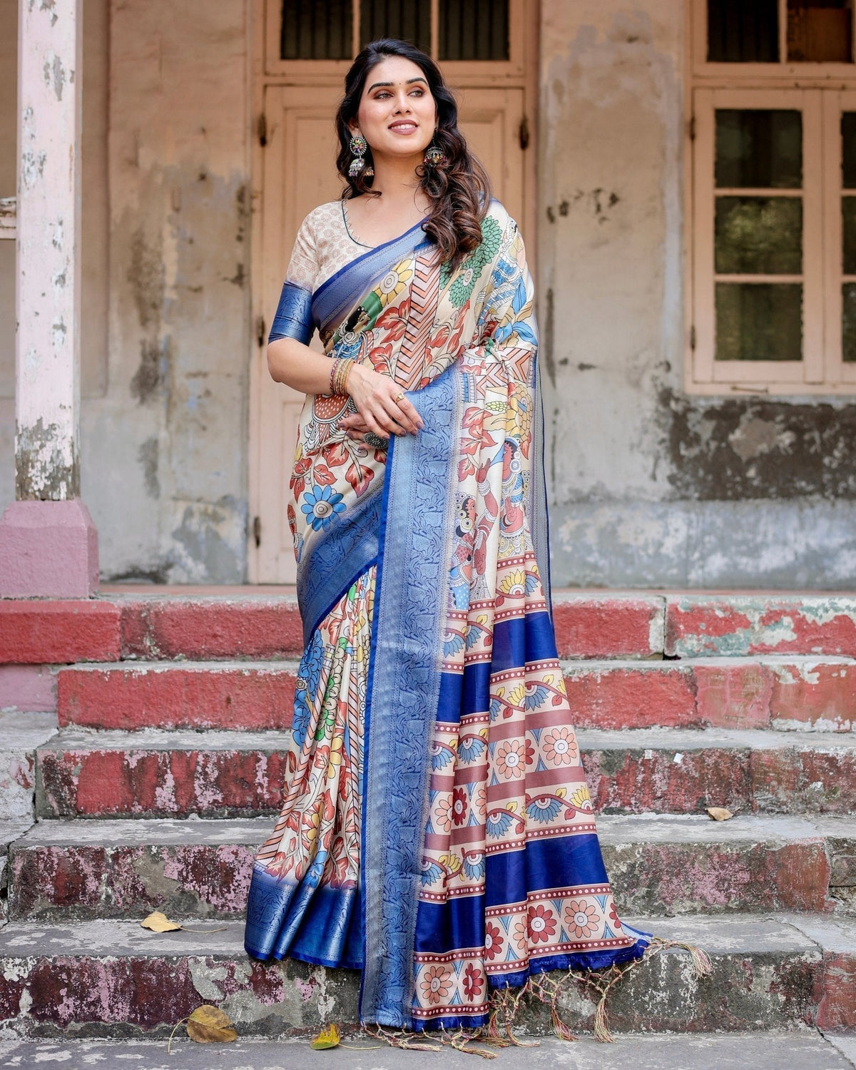 Multicolor Tussar Silk Saree with Artistic Floral Motifs and