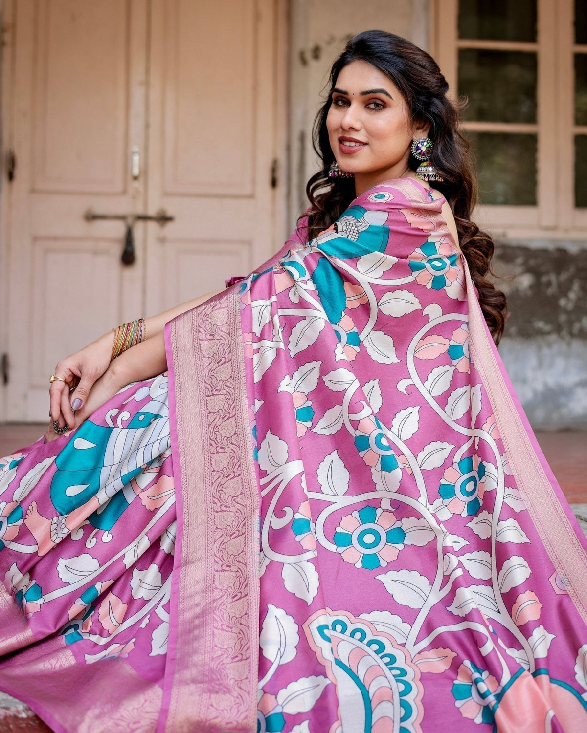 Blush Pink Tussar Silk Saree with Elegant Peacock and Floral Kalamkari