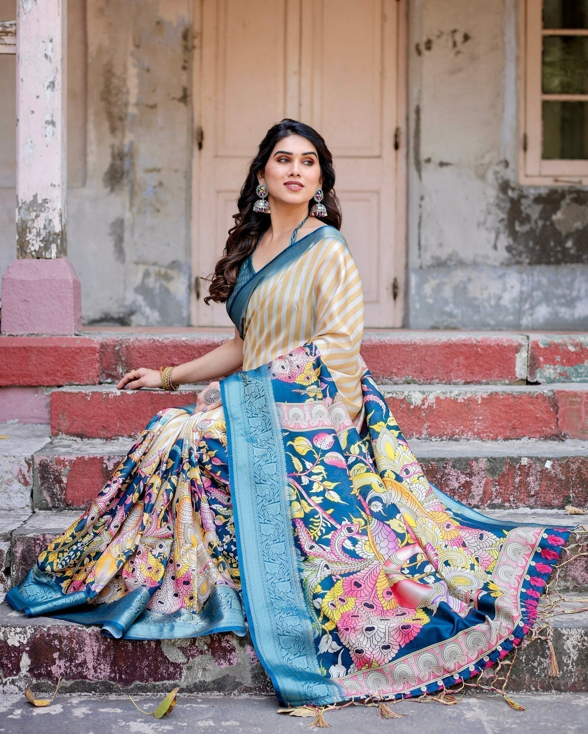 Beige & Teal Tussar Silk Saree with Intricate Kalamkari and Zari