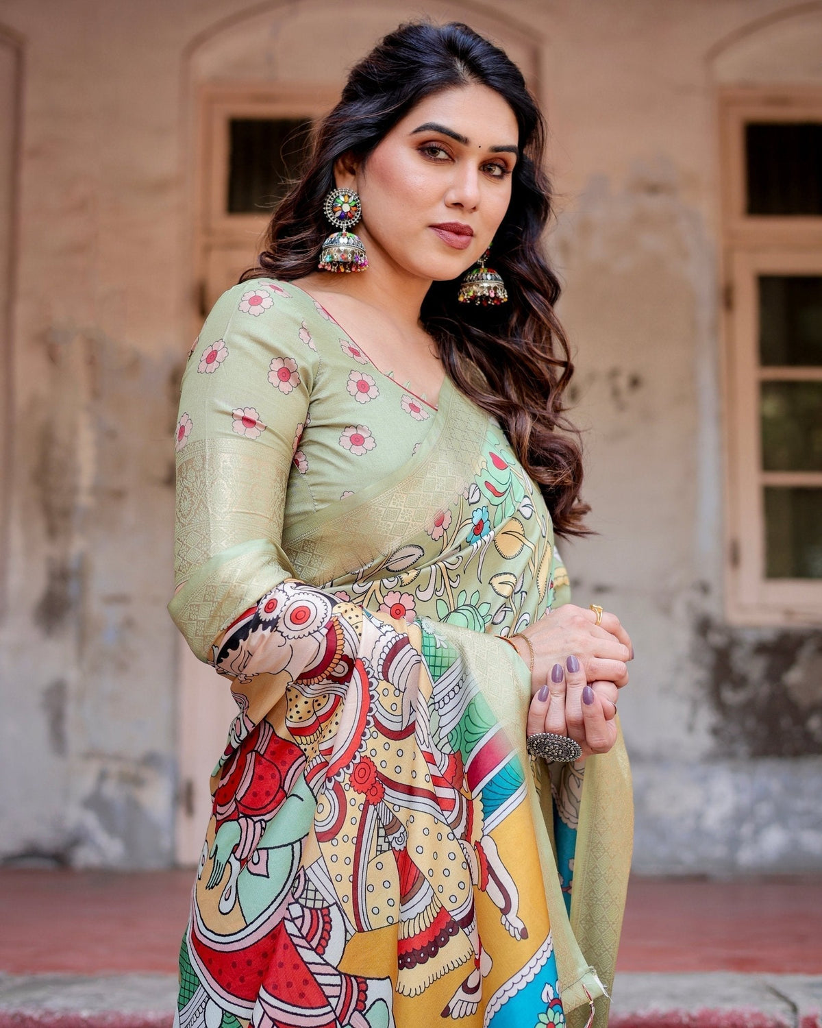 Pastel Green Tussar Silk Saree with Mythological Kalamkari Pallu and