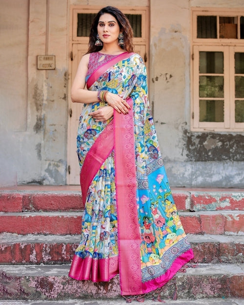 Vibrant Multicolor Digital Printed Tussar Silk Saree with Pink Zari