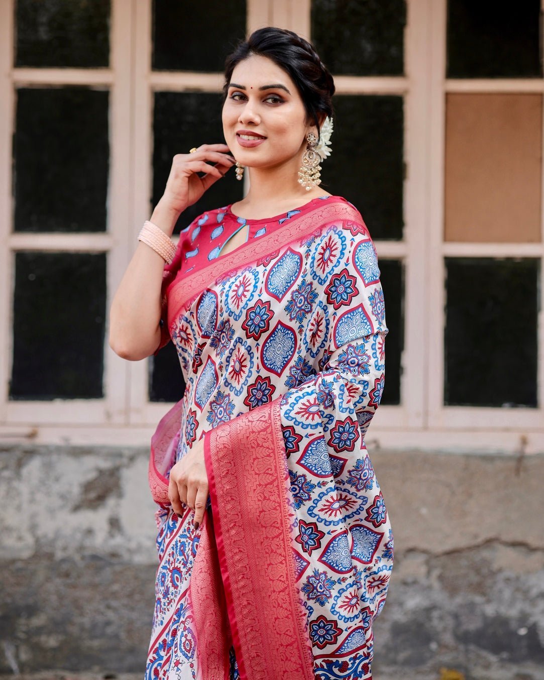 White and Red Tussar Silk Saree with Vibrant Floral Geometric Motifs