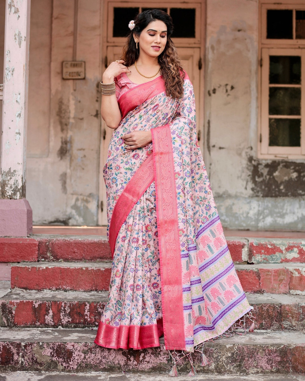 Blush Pink Tussar Silk Saree with Multicolor Floral Design and Zari