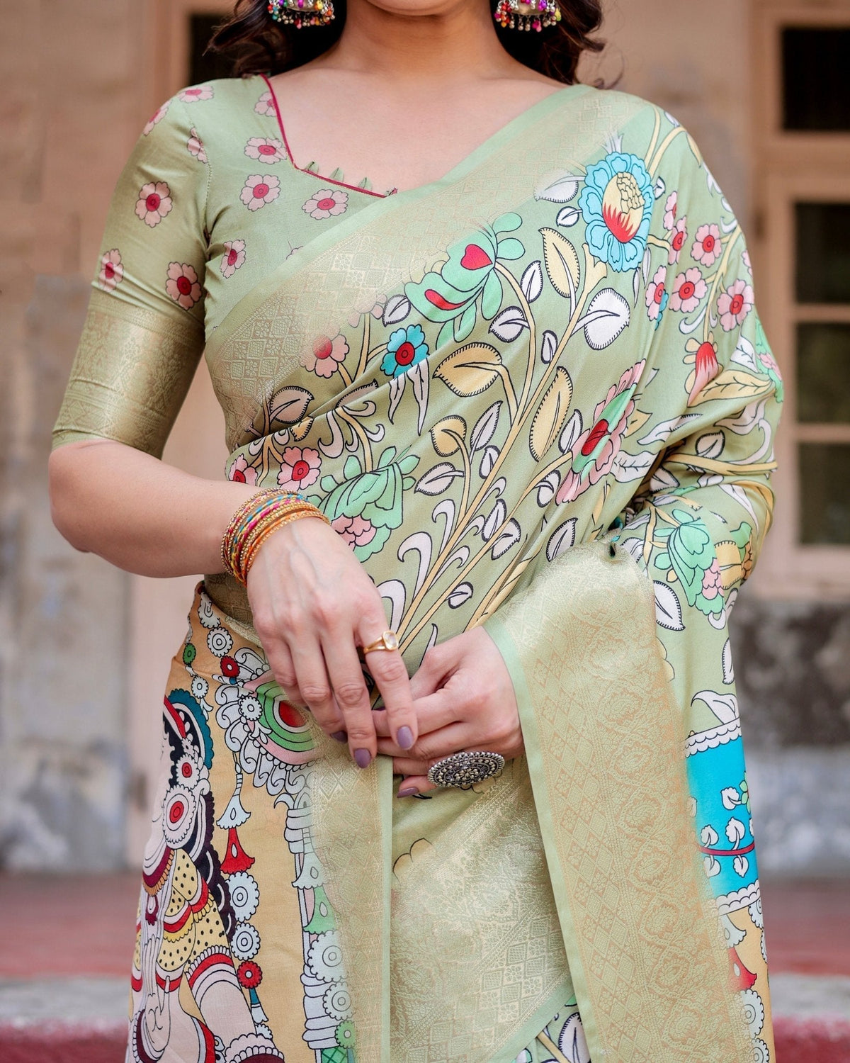 Pastel Green Tussar Silk Saree with Mythological Kalamkari Pallu and
