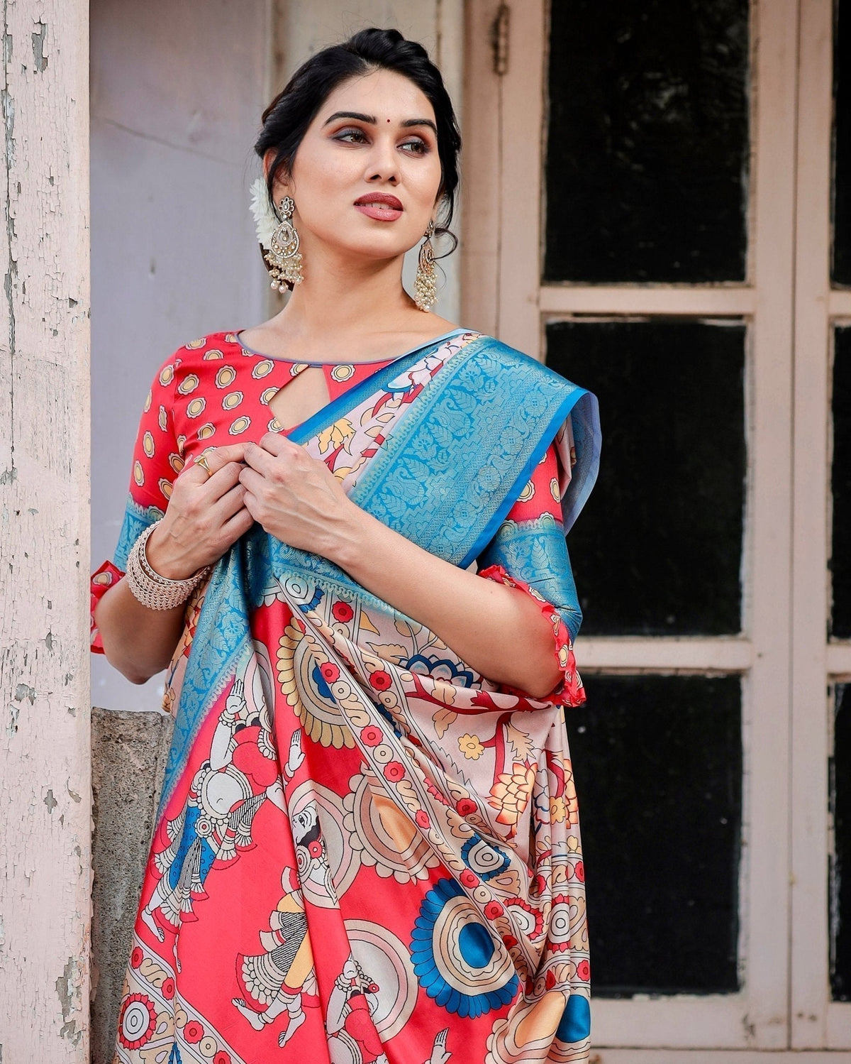 Beige and Red Tussar Silk Saree with Divine Motifs and Floral Zari
