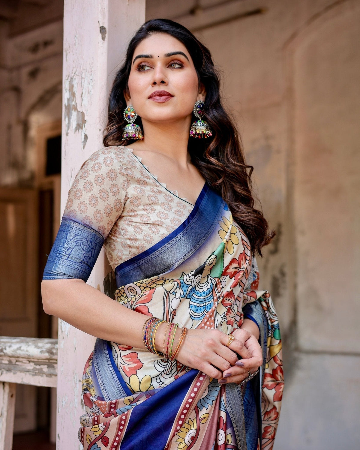 Multicolor Tussar Silk Saree with Artistic Floral Motifs and