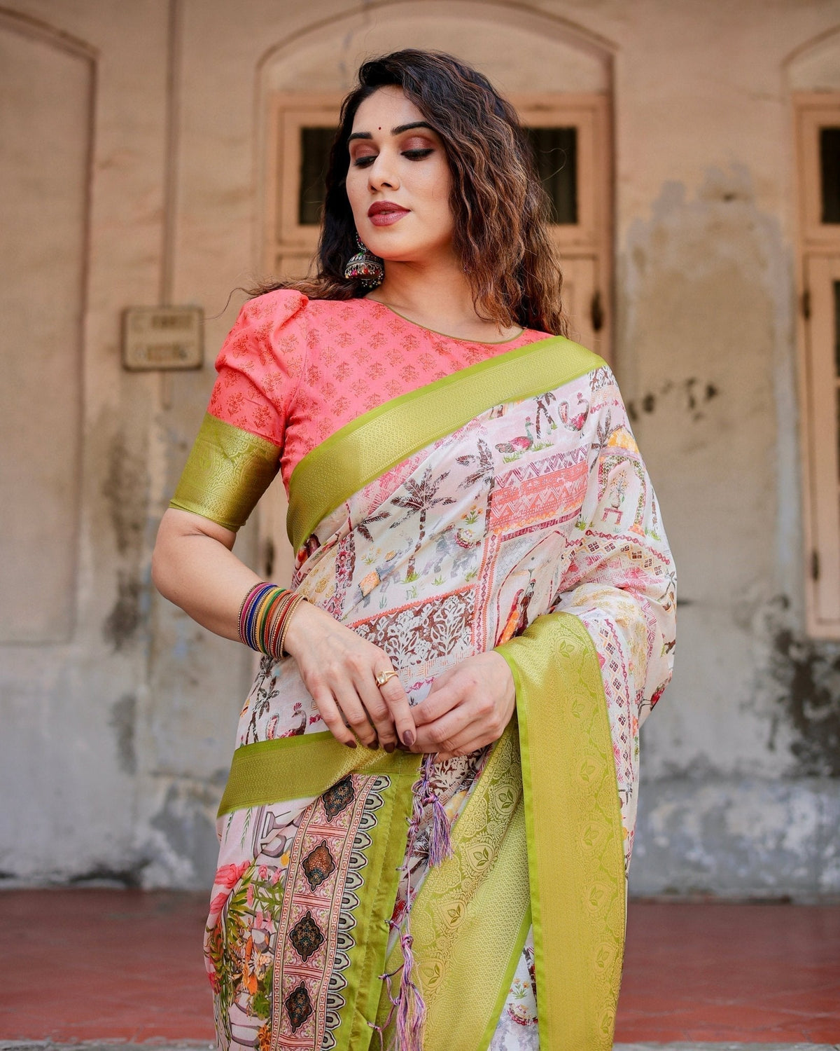 Pastel Tussar Silk Saree with Lime Green Zari Border and Hand-Painted