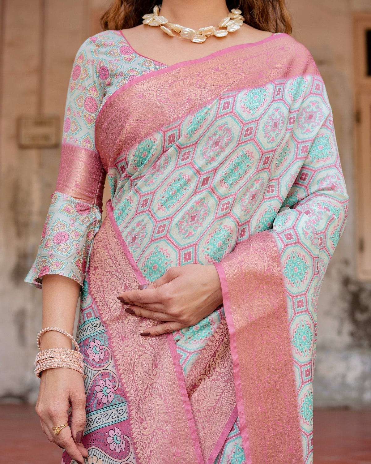 Pastel Pink and Mint Green Geometric Tussar Silk Saree with Zari