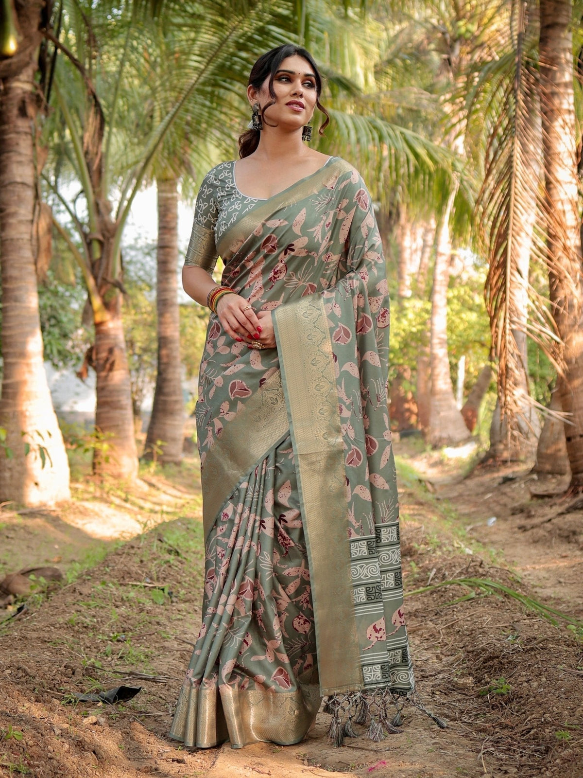 Graceful Olive Green Tussar Silk Saree with Intricate Beige and Maroon