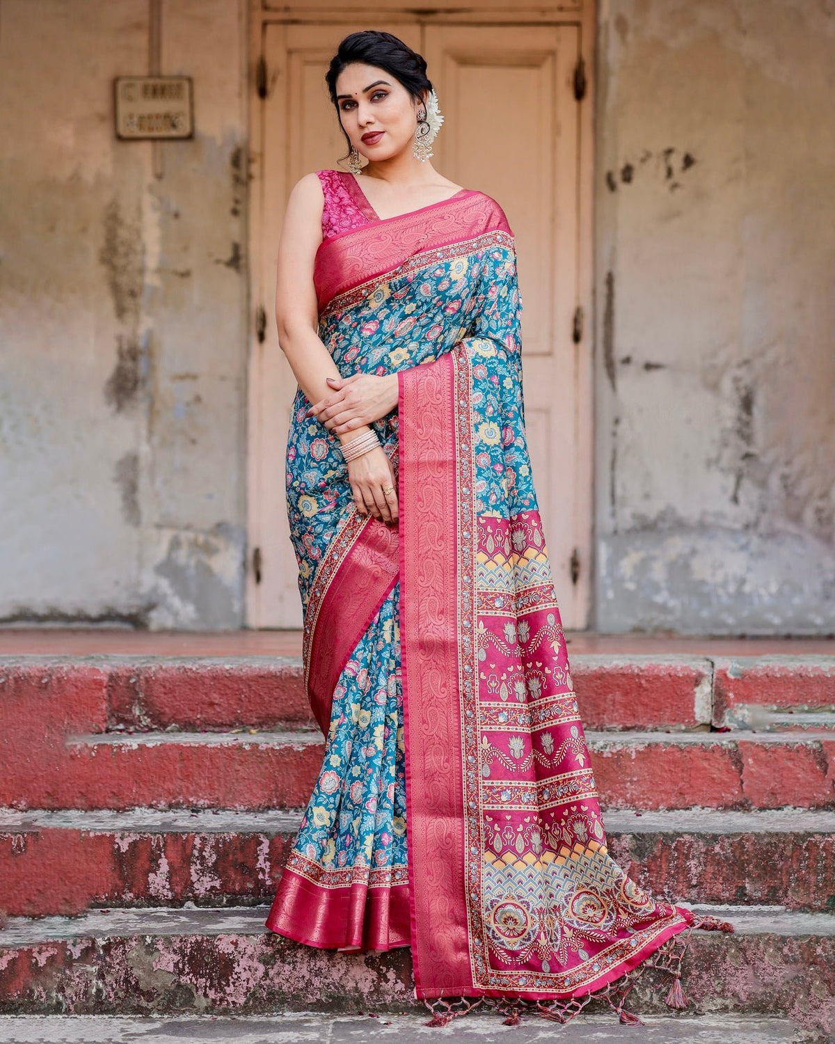 Teal Blue and Coral Tussar Silk Saree with Vibrant Floral Motifs and