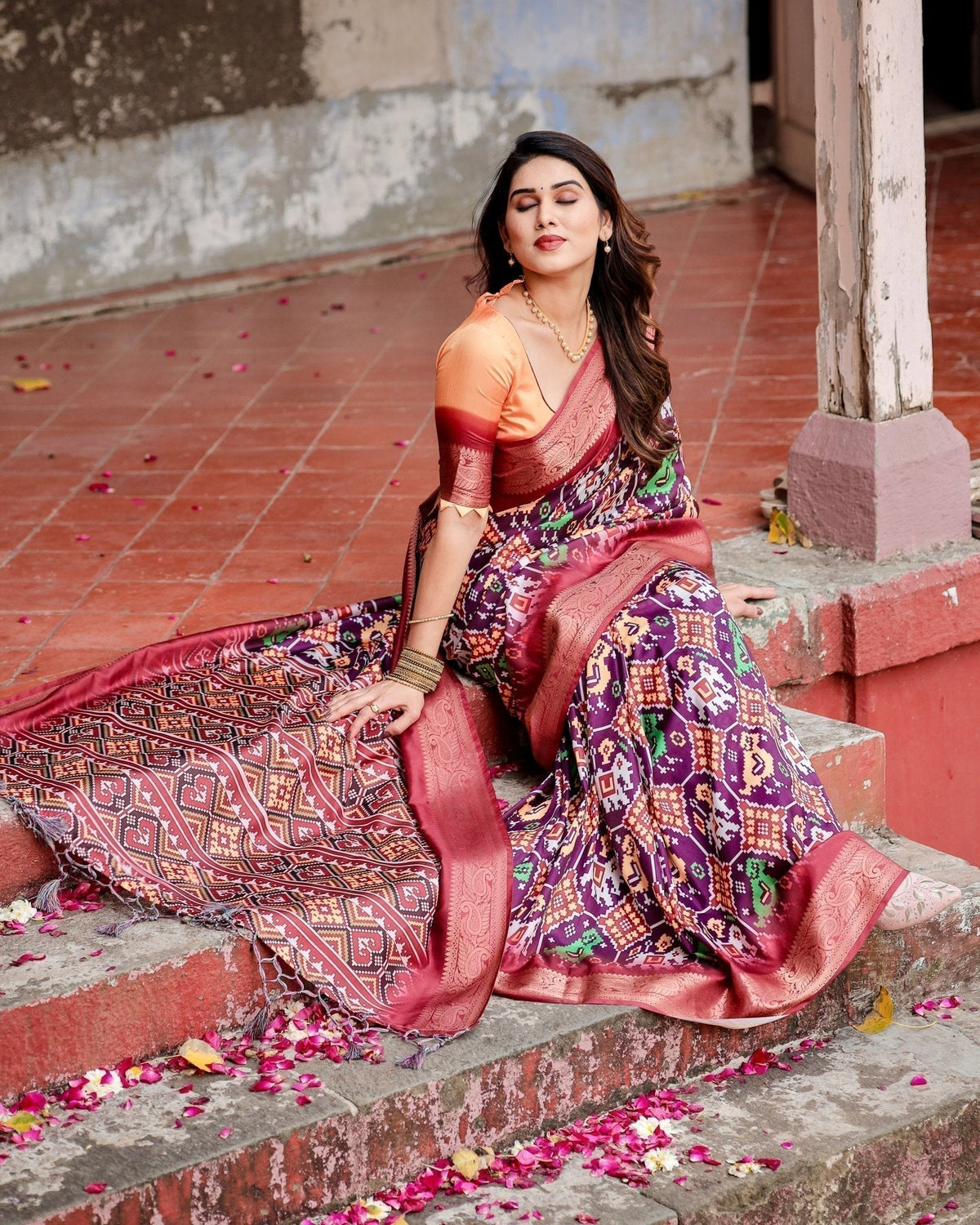 Wine Purple Tussar Silk Saree with Ikat-Inspired Patterns and Rich