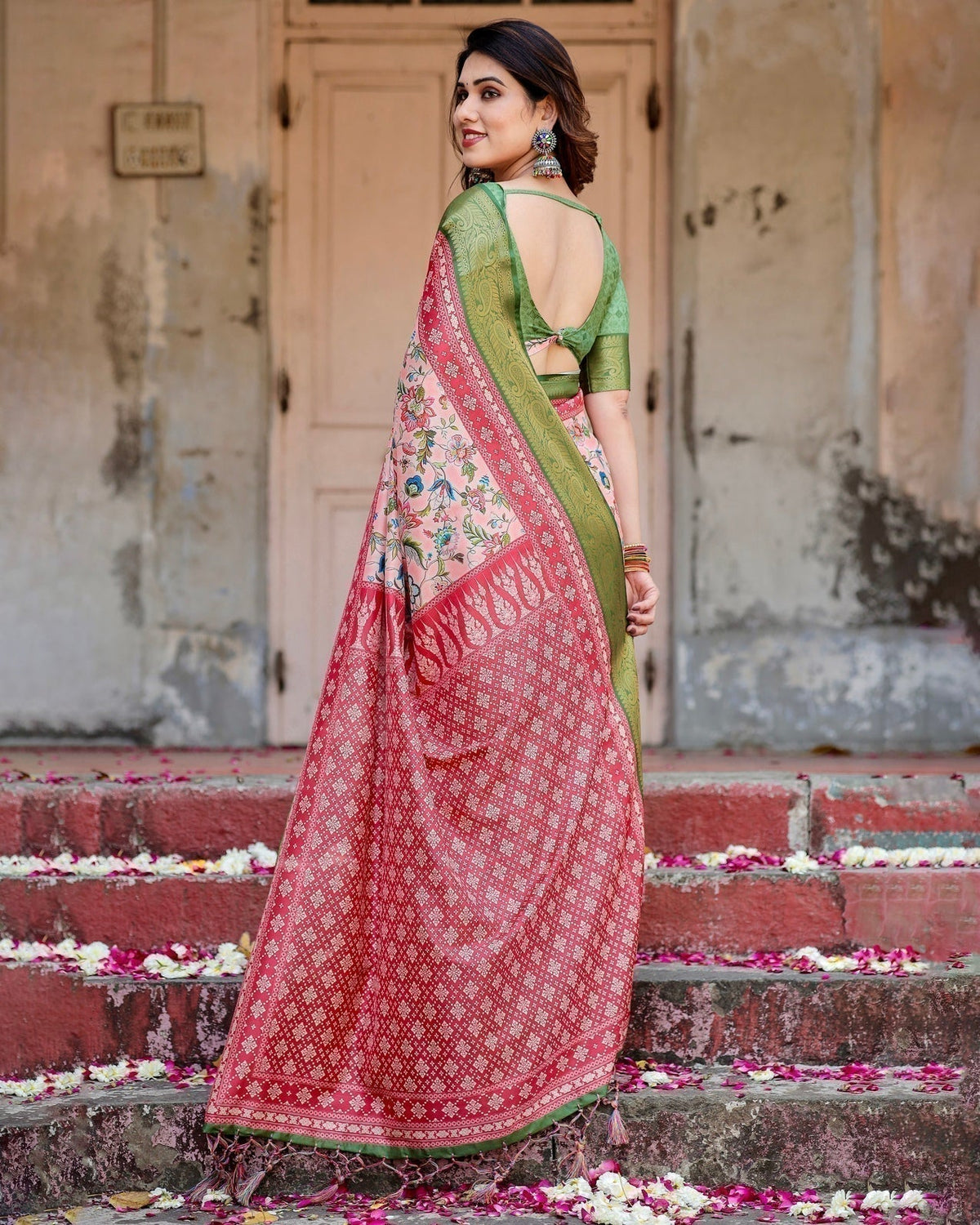 Blush Pink and Green Tussar Silk Saree with Floral Prints and