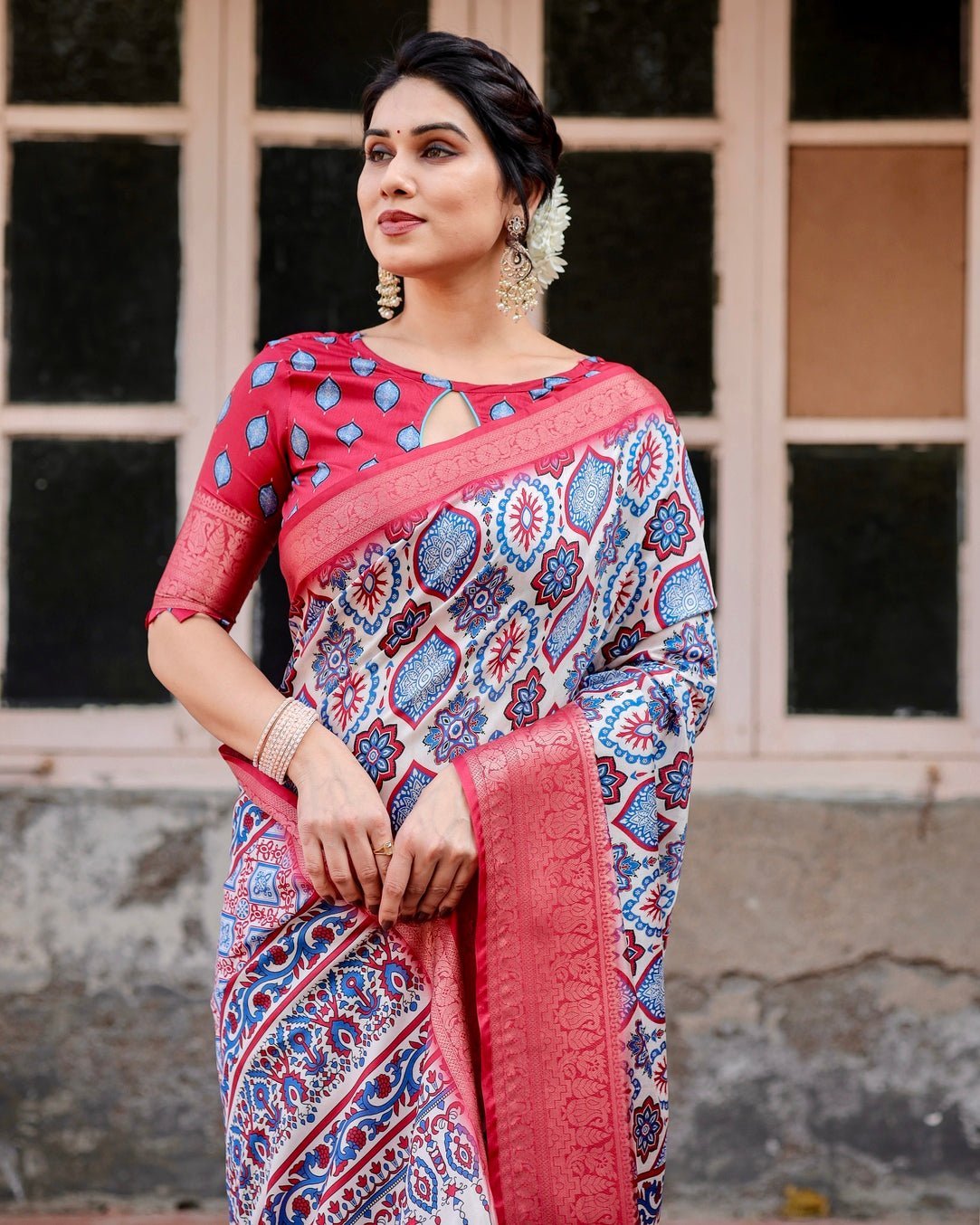 White and Red Tussar Silk Saree with Vibrant Floral Geometric Motifs