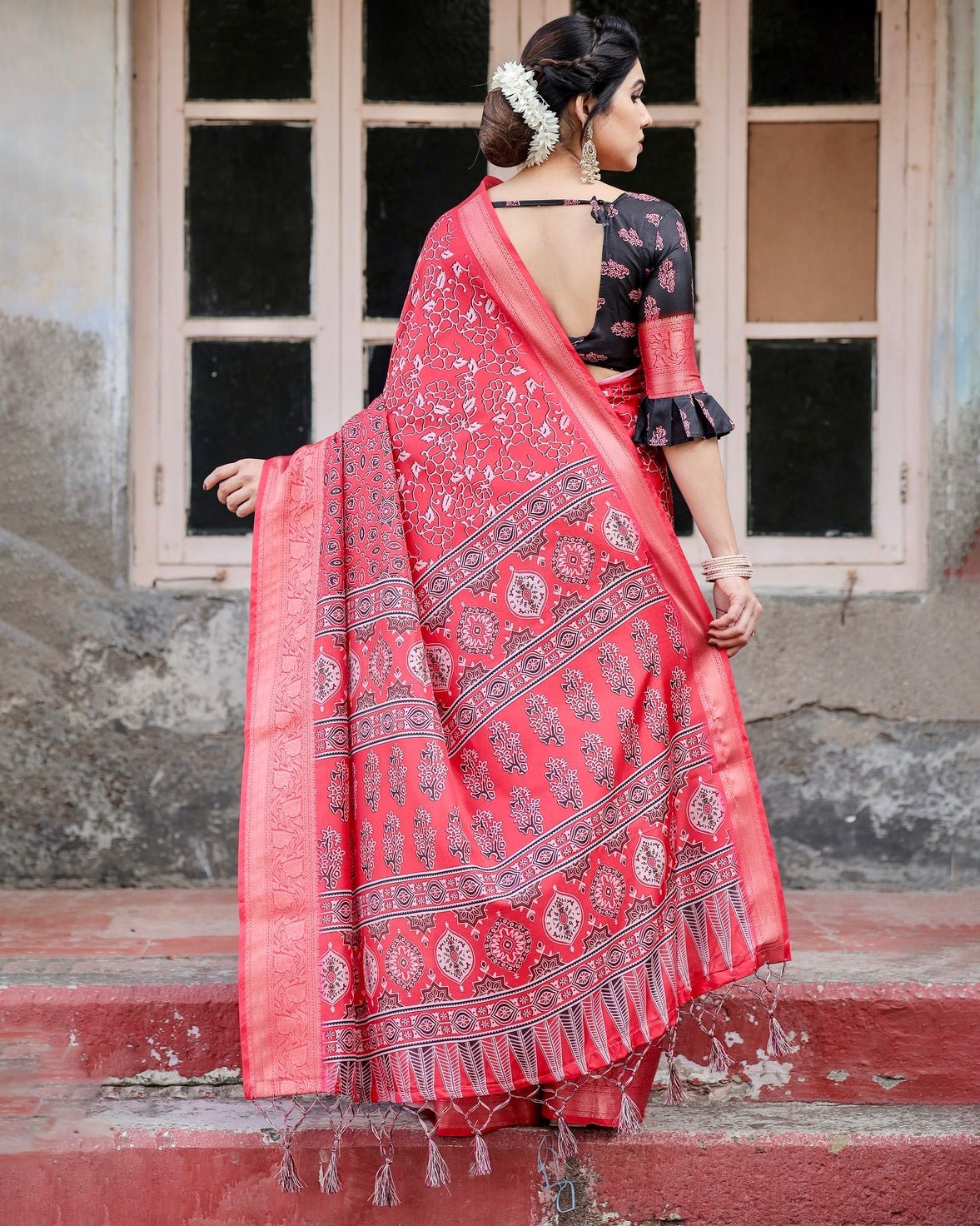 Fiery Red Tussar Silk Saree with Ornamental Motifs and Detailed Zari