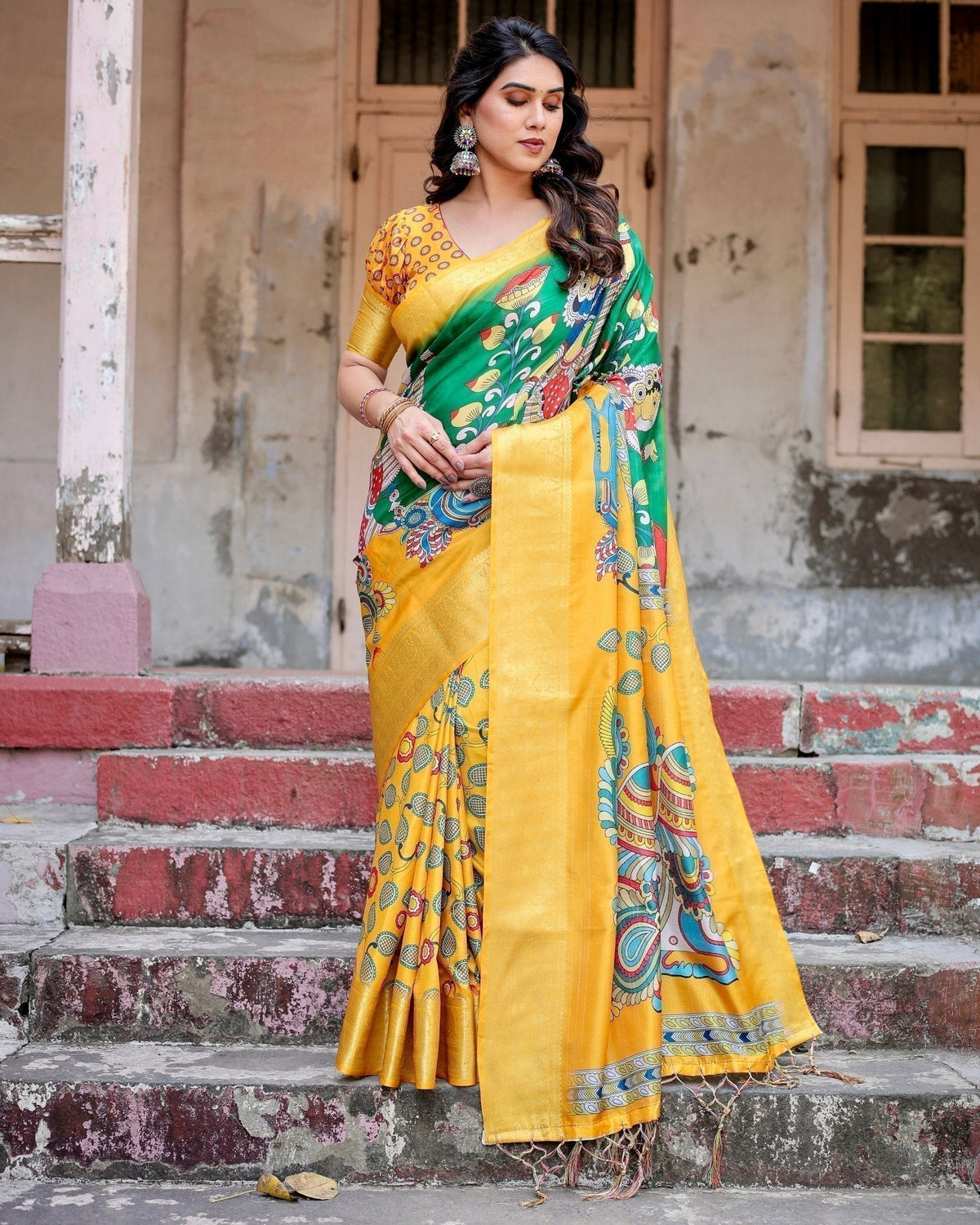 Golden Yellow Tussar Silk Saree with Vibrant Peacock Kalamkari Motifs