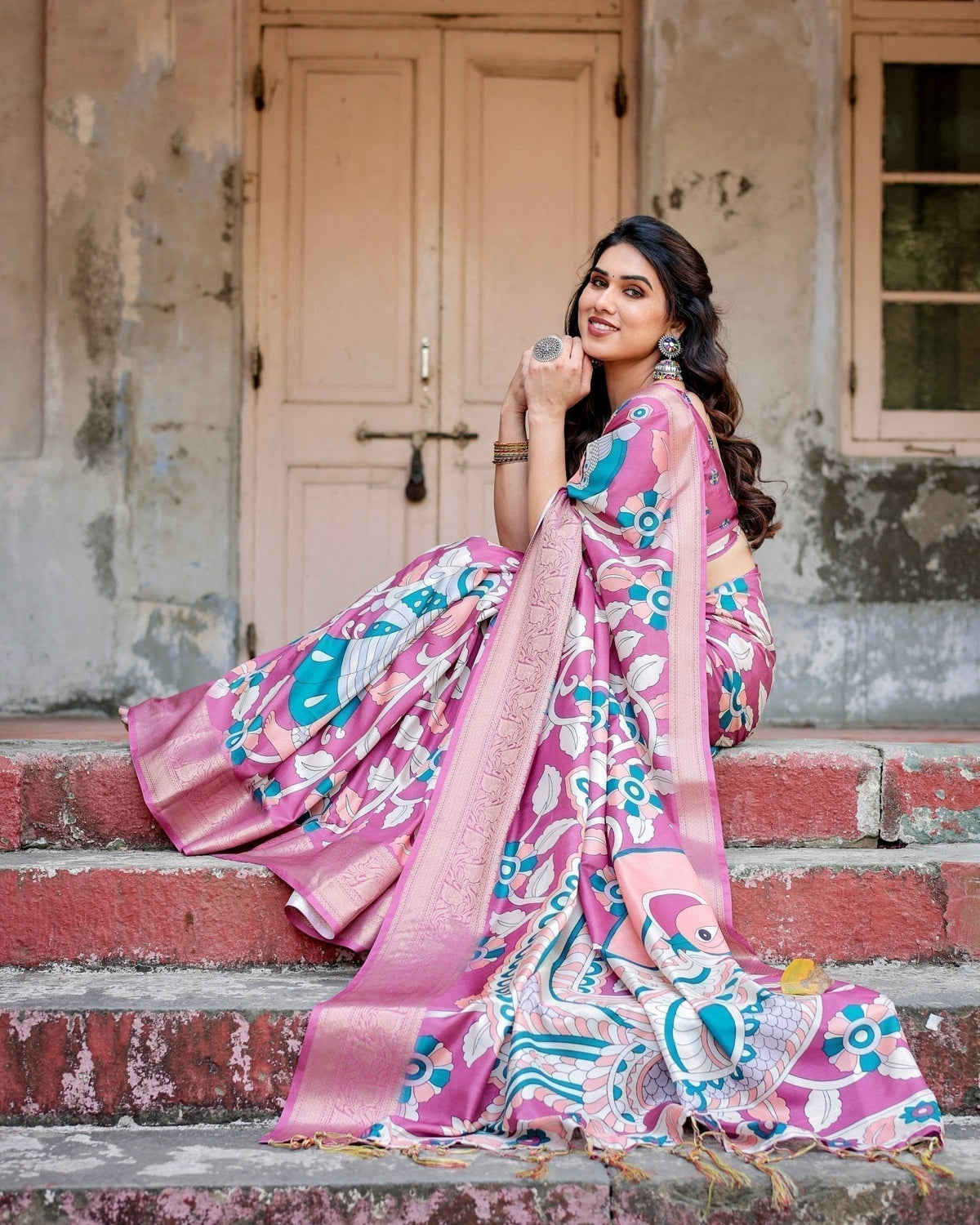 Blush Pink Tussar Silk Saree with Elegant Peacock and Floral Kalamkari